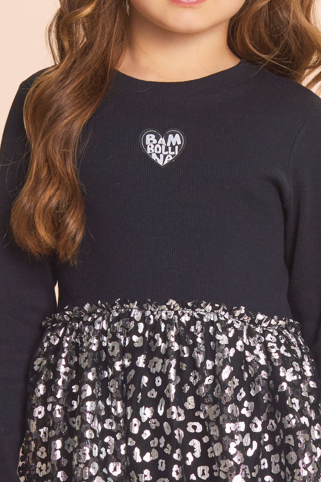 Vestido de ribana c/ tule foil manga longa Vestido de ribana c/ tule foil manga longa