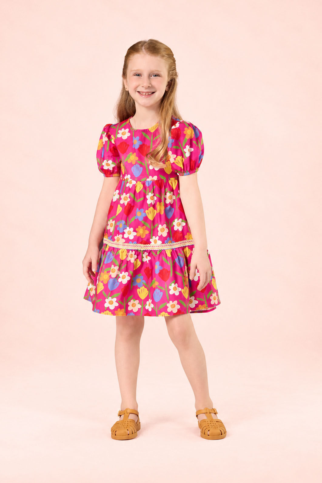 Vestido De Tricoline Estampado Com Entremeio Colorido