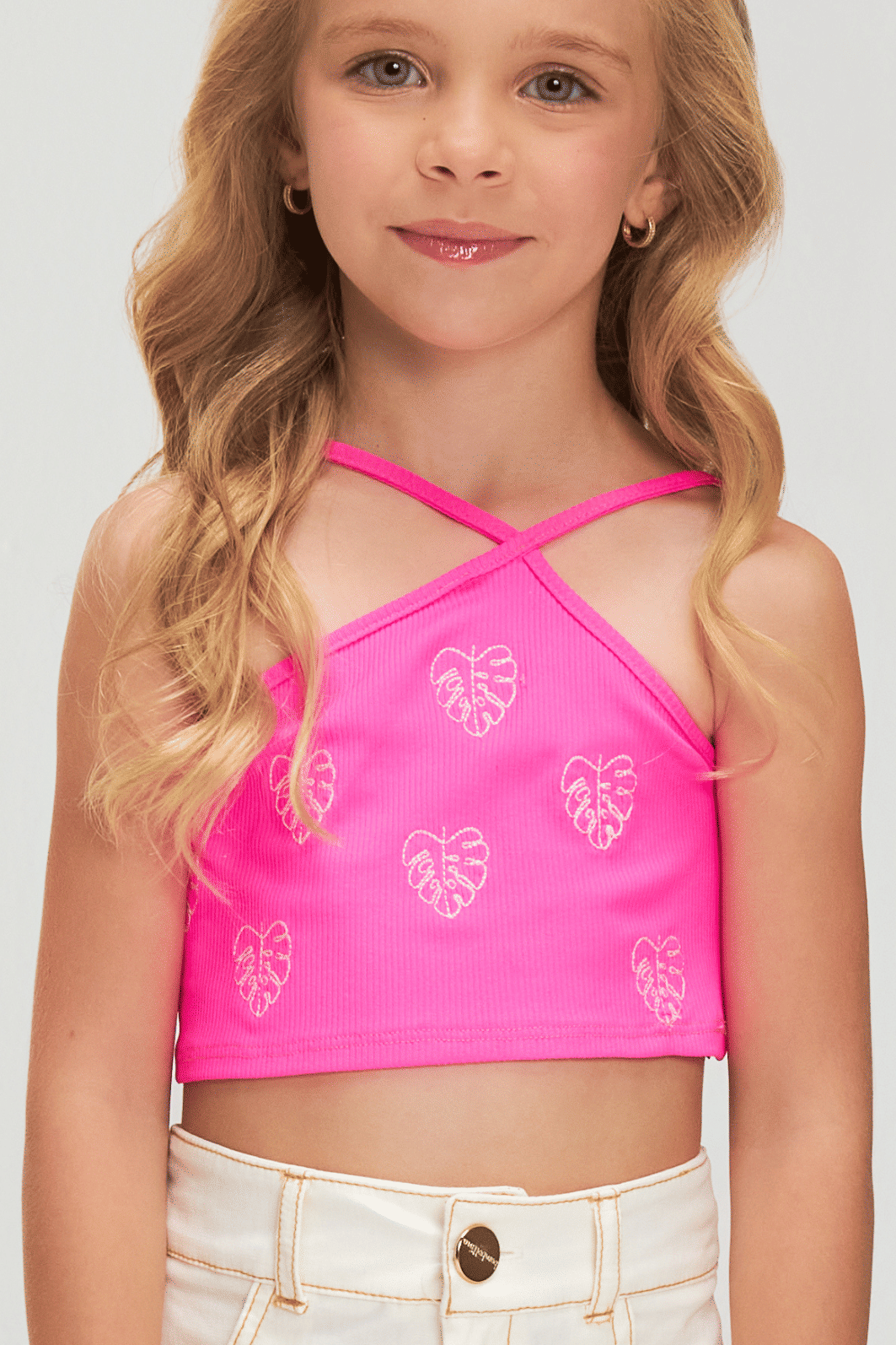 Cropped rosa neon bordado