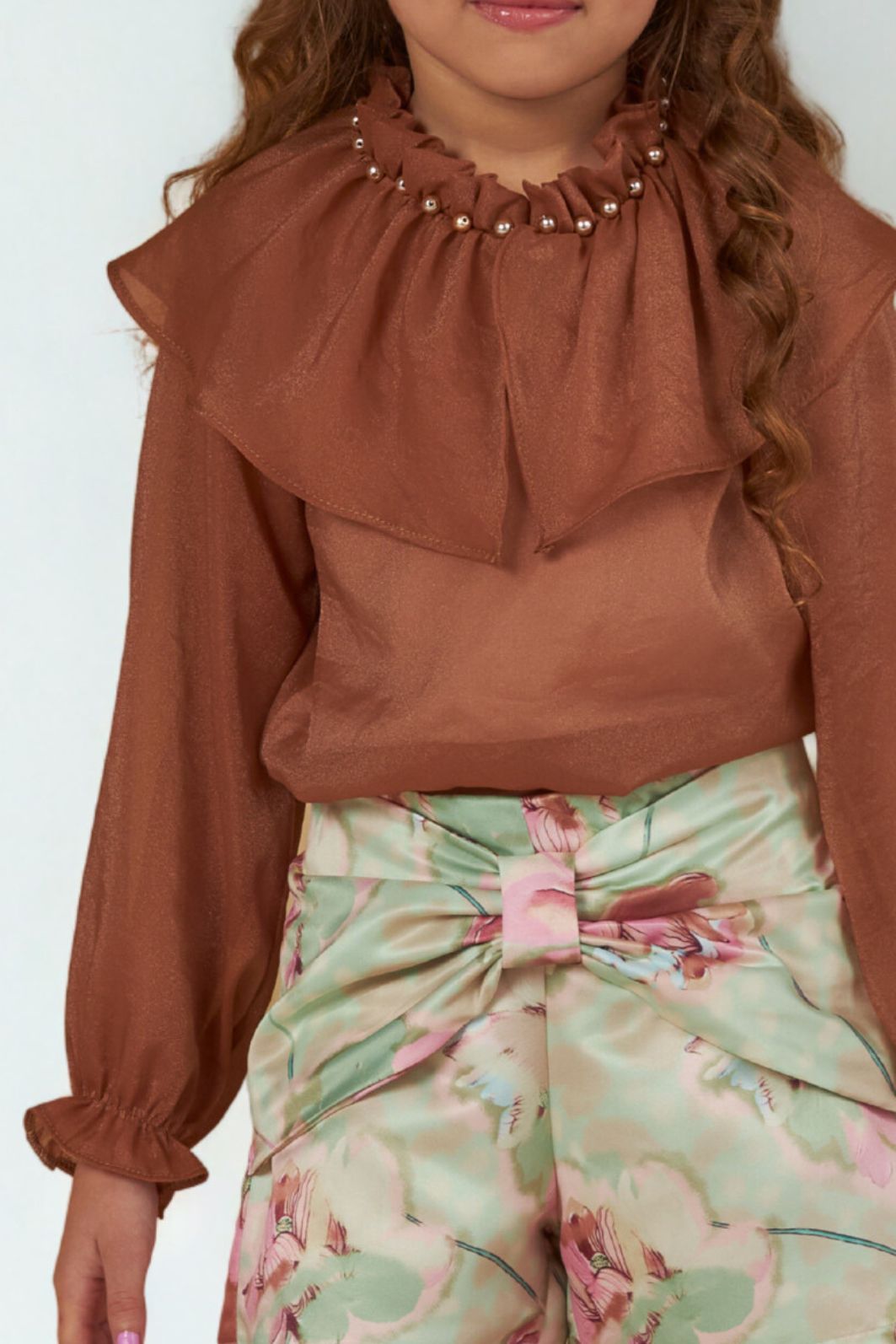 Conjunto blusa de organza e short de cetim bucol estampado