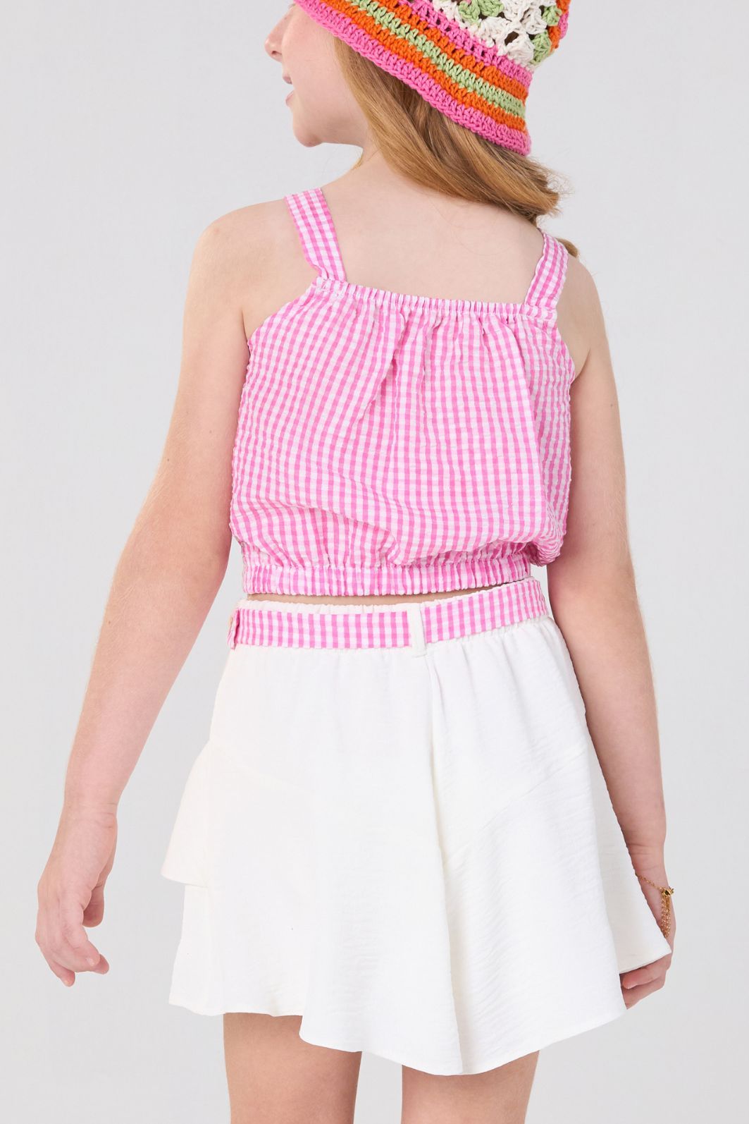 Conjunto cropped de anarruga e short de dunas com babados Conjunto cropped de anarruga e short de dunas com babados