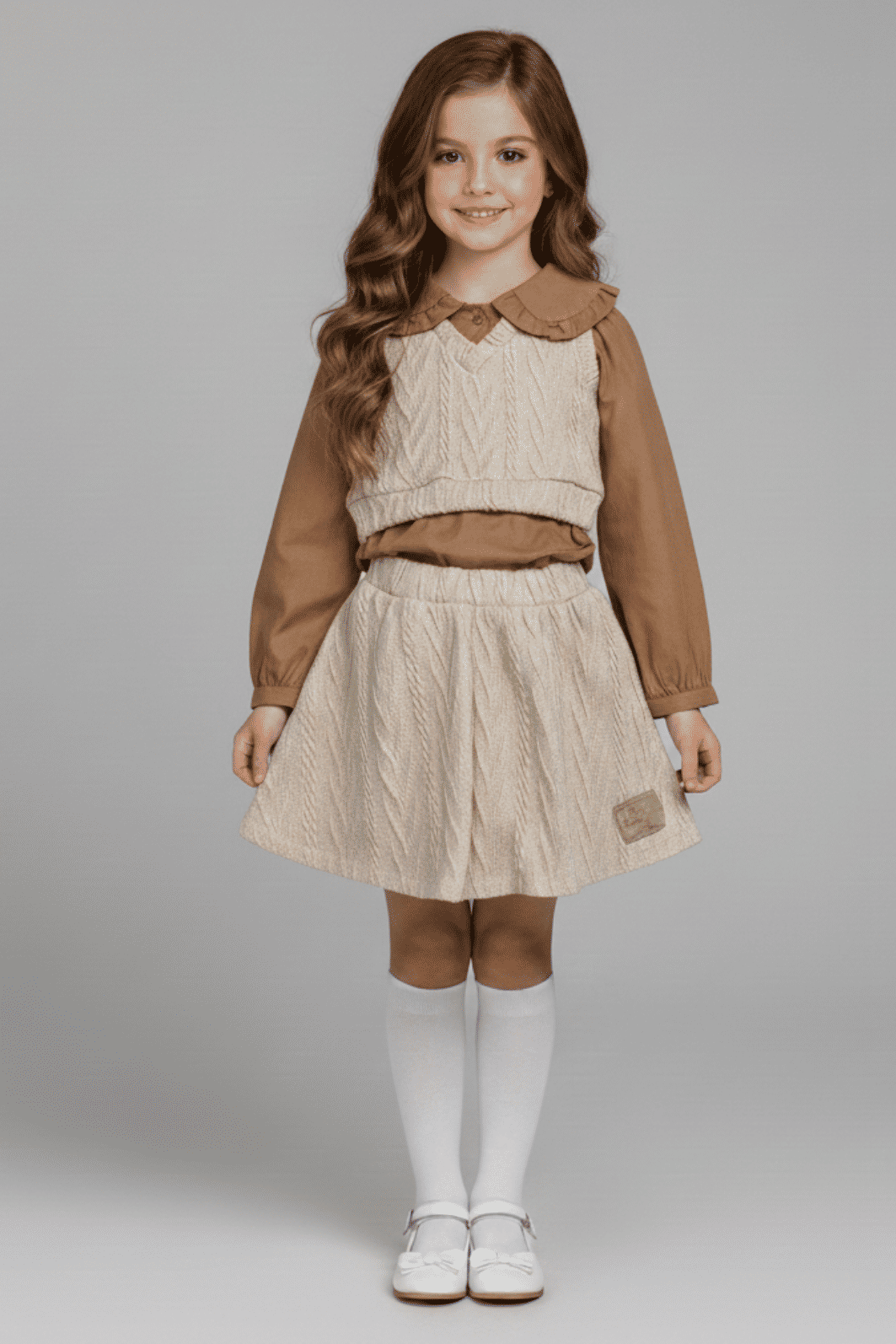 Conjunto camisa com colete e saia de tricô Conjunto camisa com colete e saia de tricô