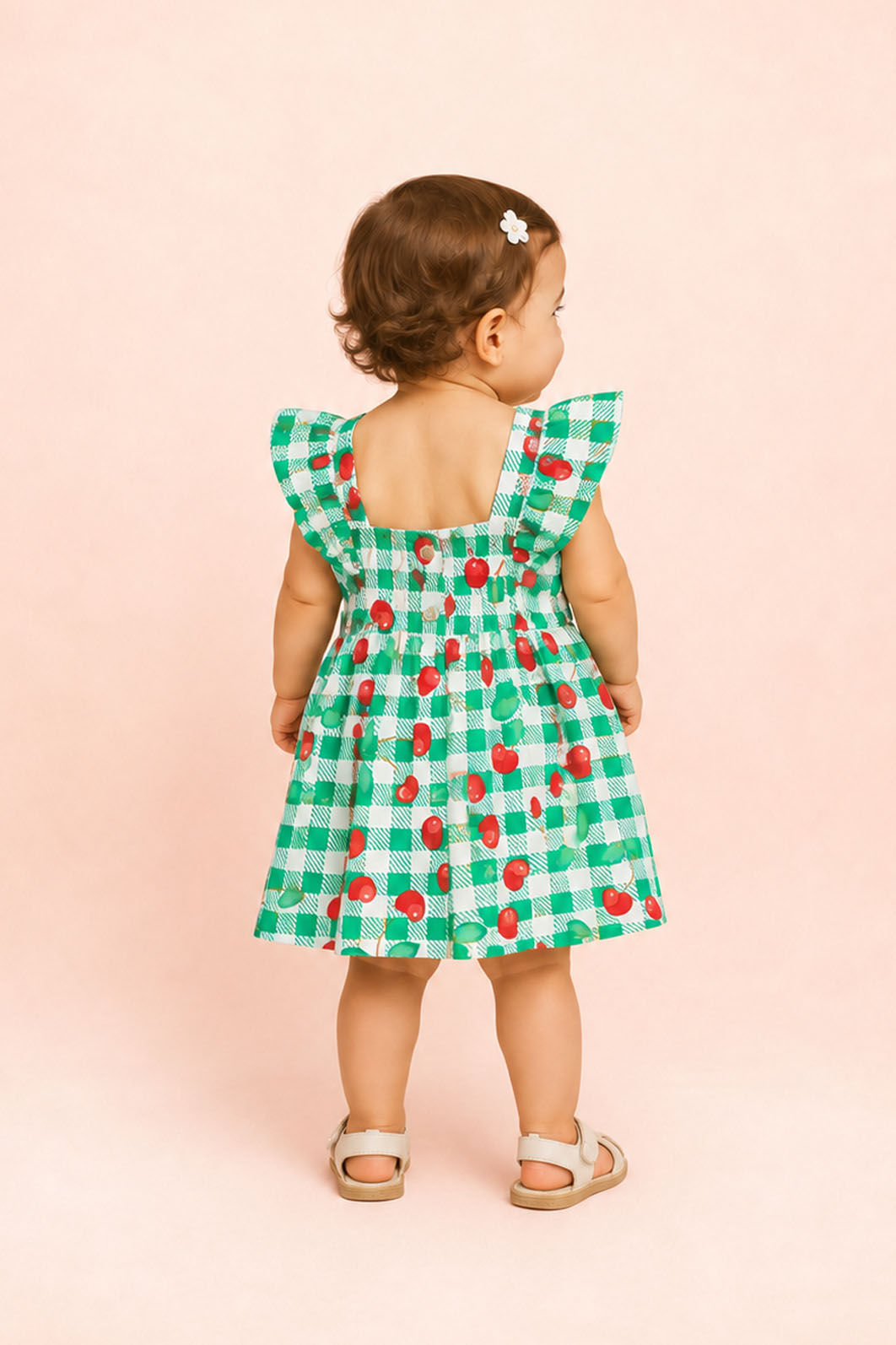 Vestido baby com estampa xadrez e cerejas Vestido baby com estampa xadrez e cerejas