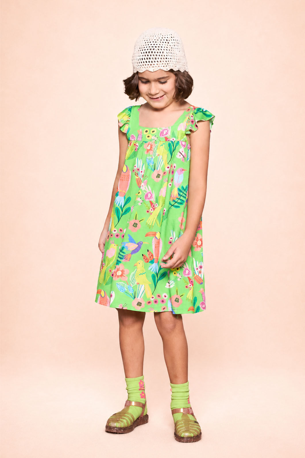 Vestido estampado com babado mas alças Vestido estampado com babado mas alças