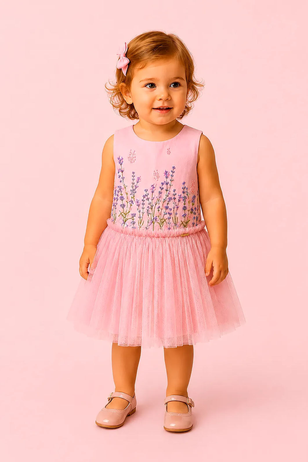 Vestido Com Estampa De Lavanda E Babado De Tule Vestido Com Estampa De Lavanda E Babado De Tule