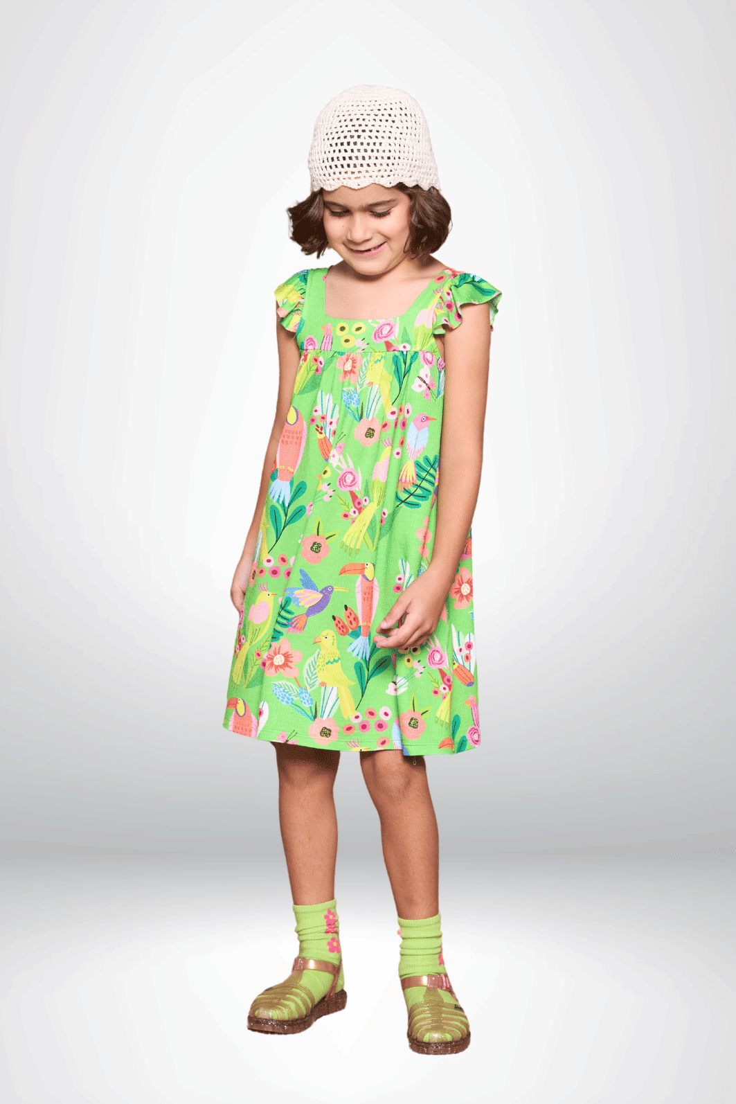 Vestido estampado com babado mas alças Vestido estampado com babado mas alças