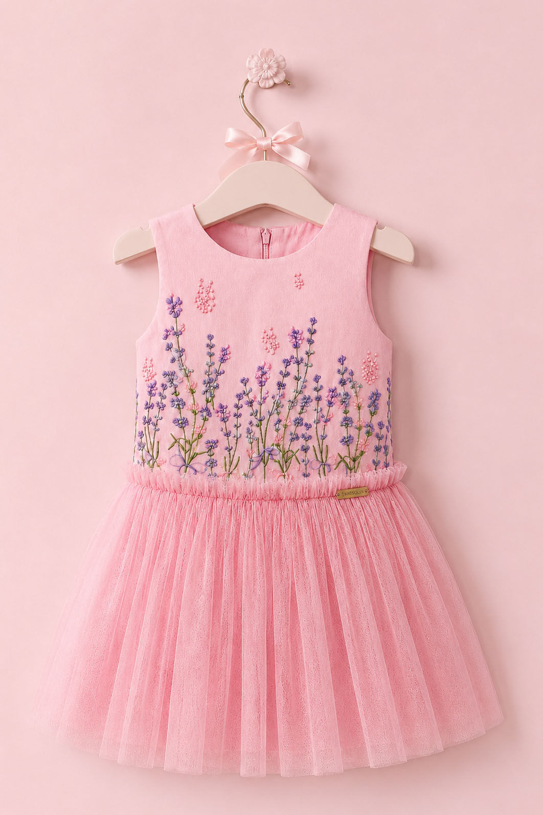 Vestido Com Estampa De Lavanda E Babado De Tule Vestido Com Estampa De Lavanda E Babado De Tule