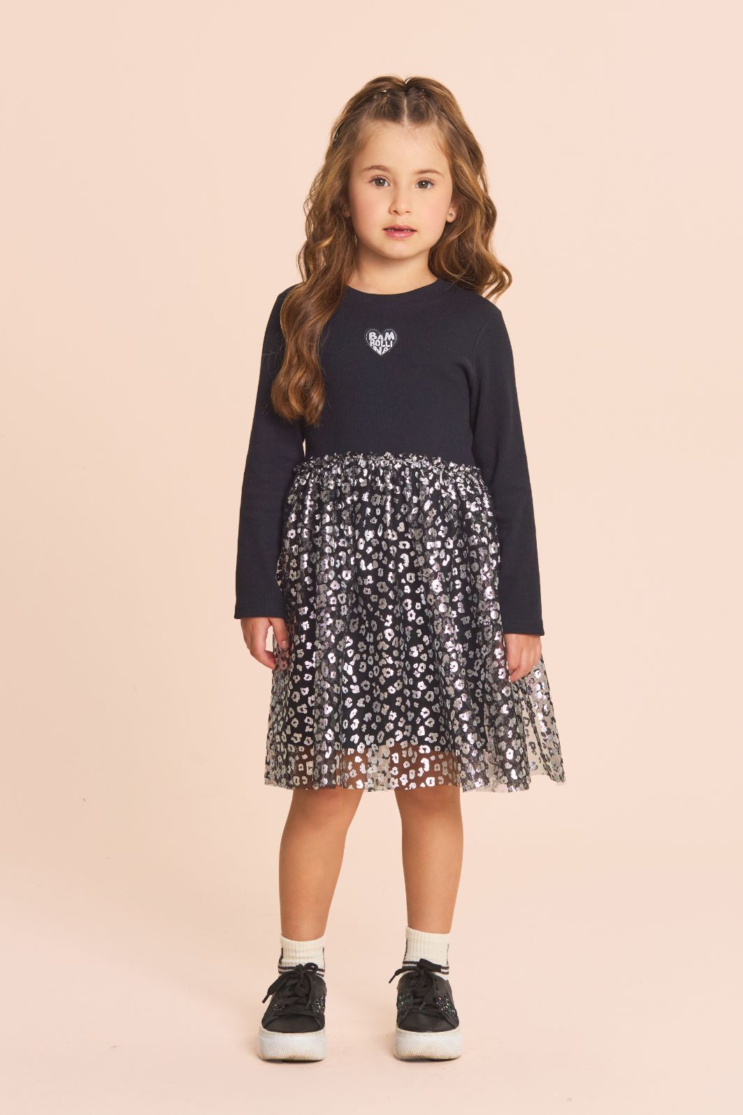 Vestido de ribana c/ tule foil manga longa Vestido de ribana c/ tule foil manga longa