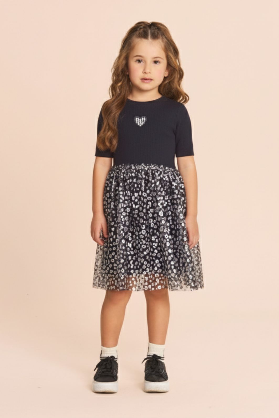 Vestido de ribana c/ tule foil manga curta Vestido de ribana c/ tule foil manga curta