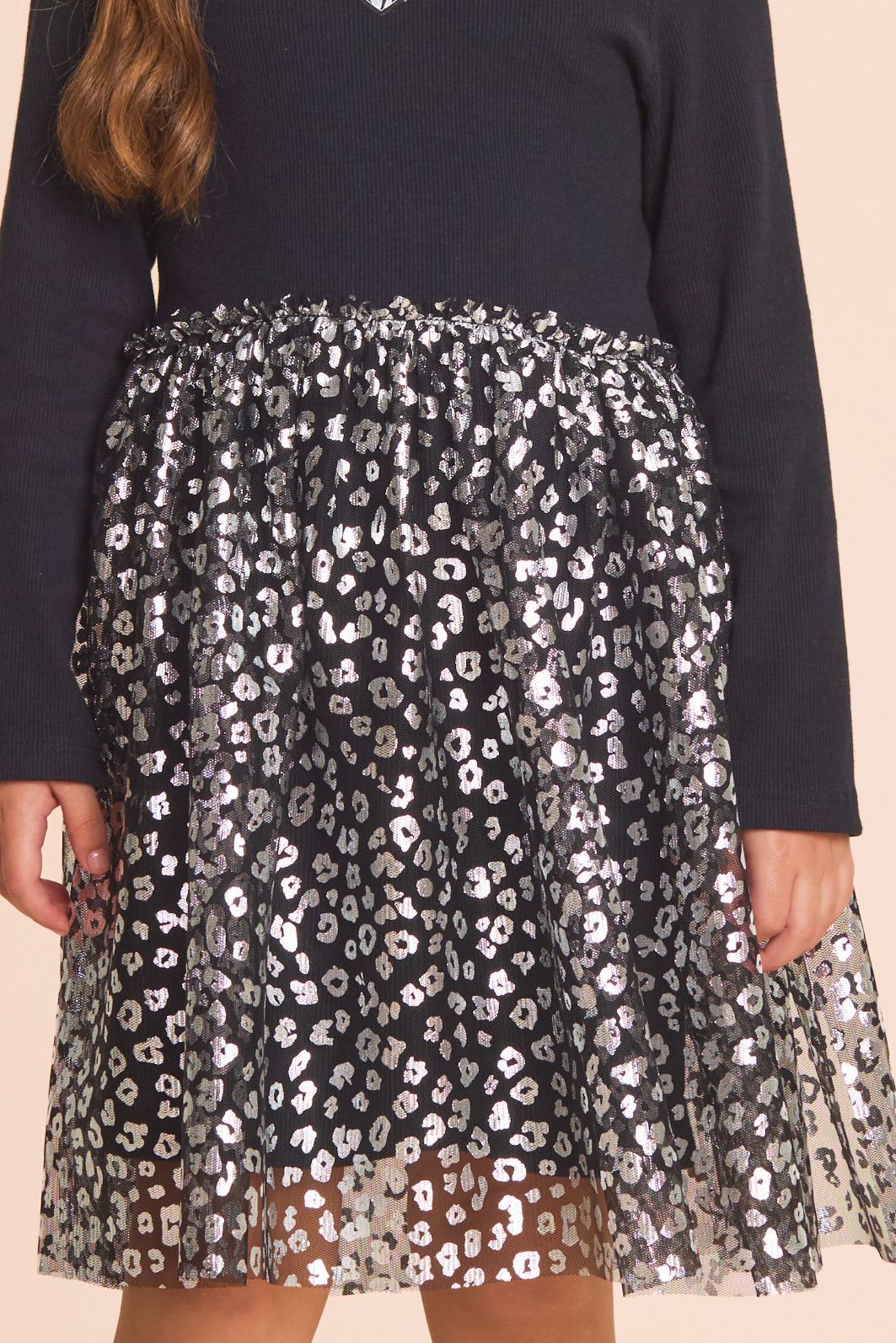 Vestido de ribana c/ tule foil manga longa Vestido de ribana c/ tule foil manga longa