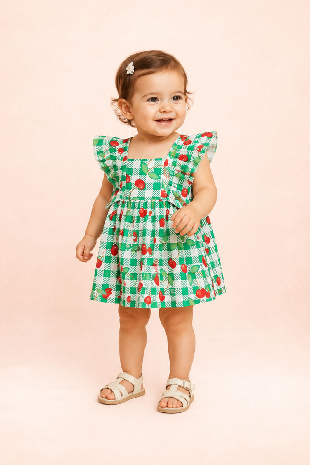 Vestido baby com estampa xadrez e cerejas Vestido baby com estampa xadrez e cerejas