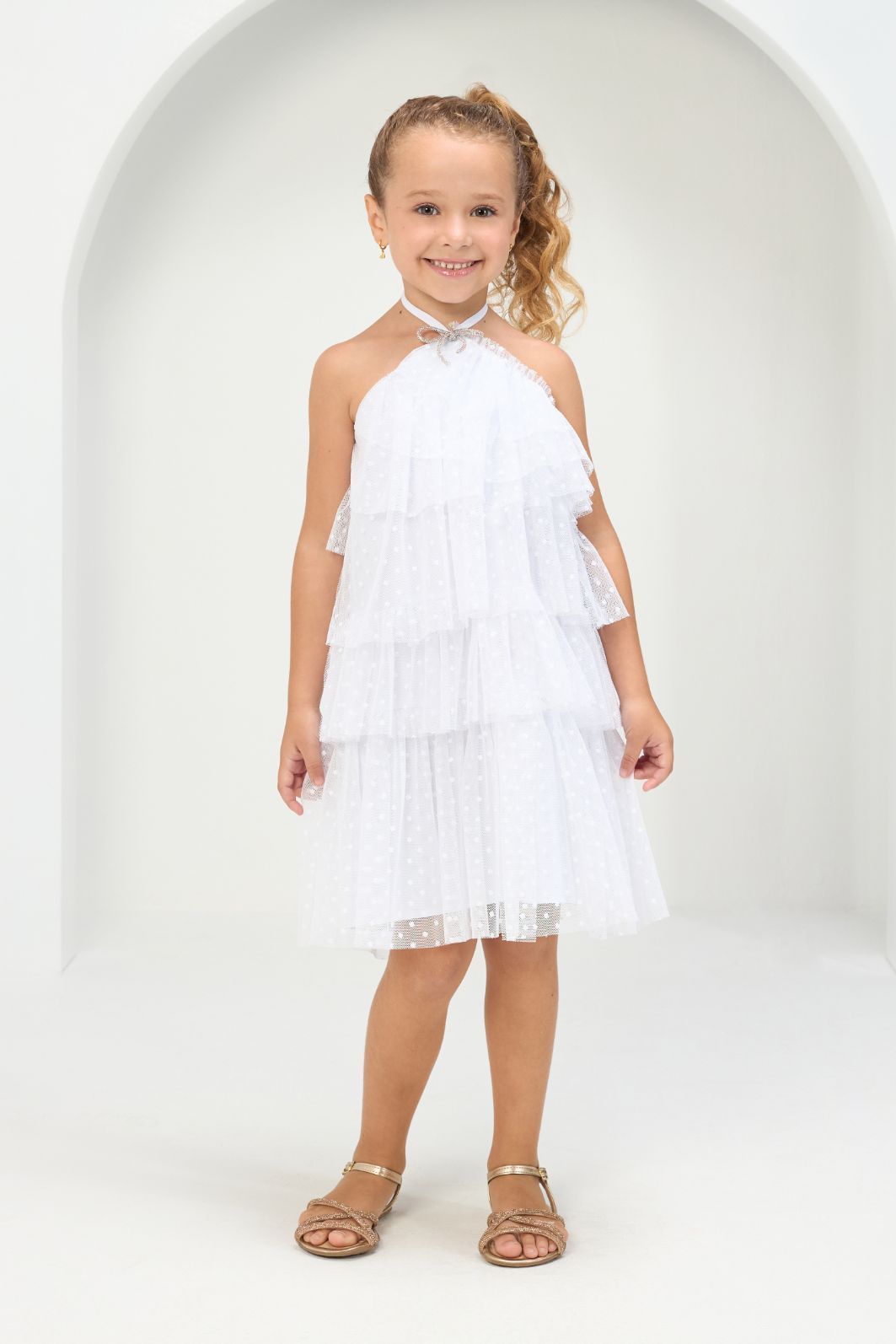 Vestido de babados com tule de poá Vestido de babados com tule de poá