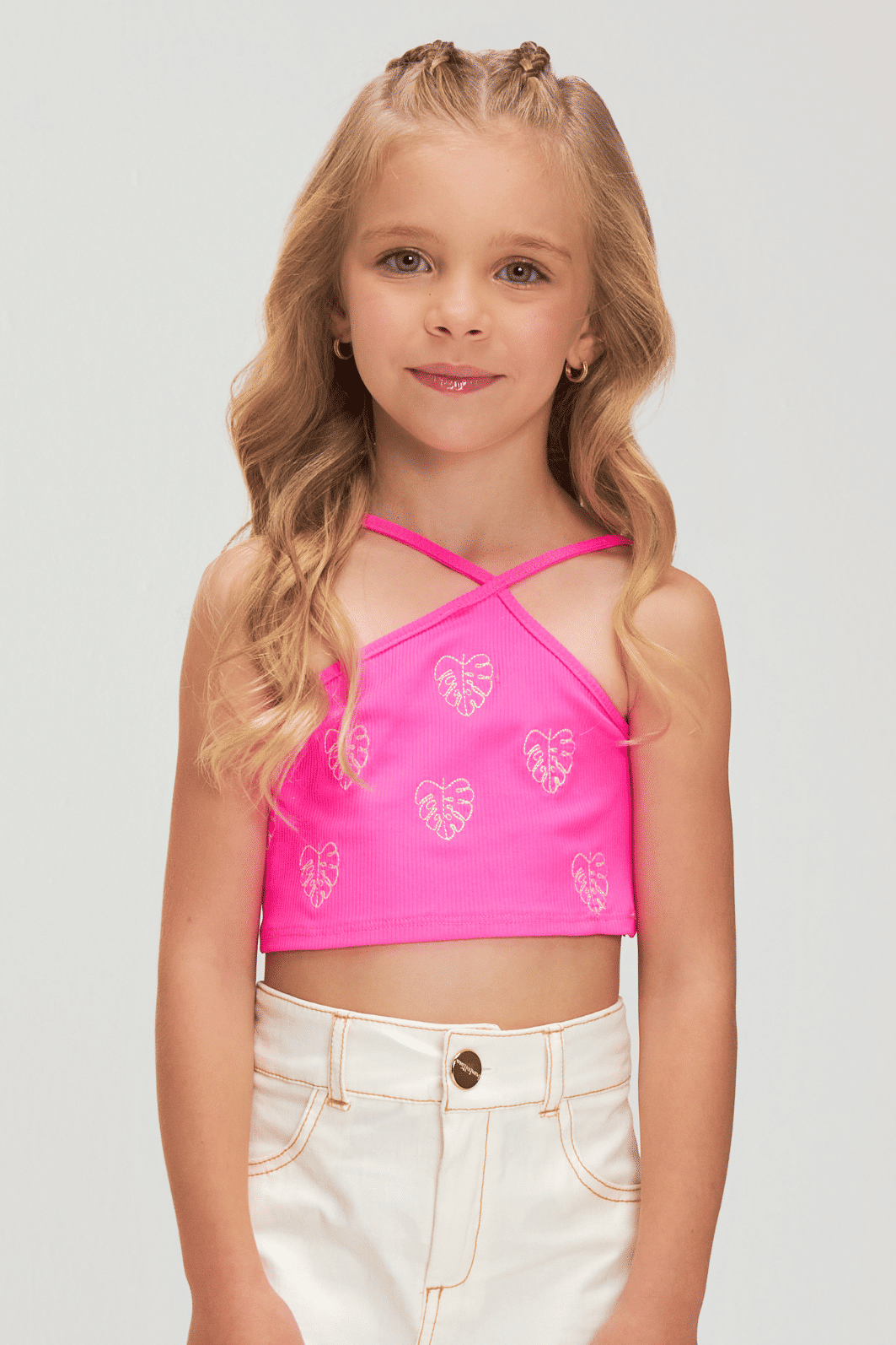 Cropped rosa neon bordado