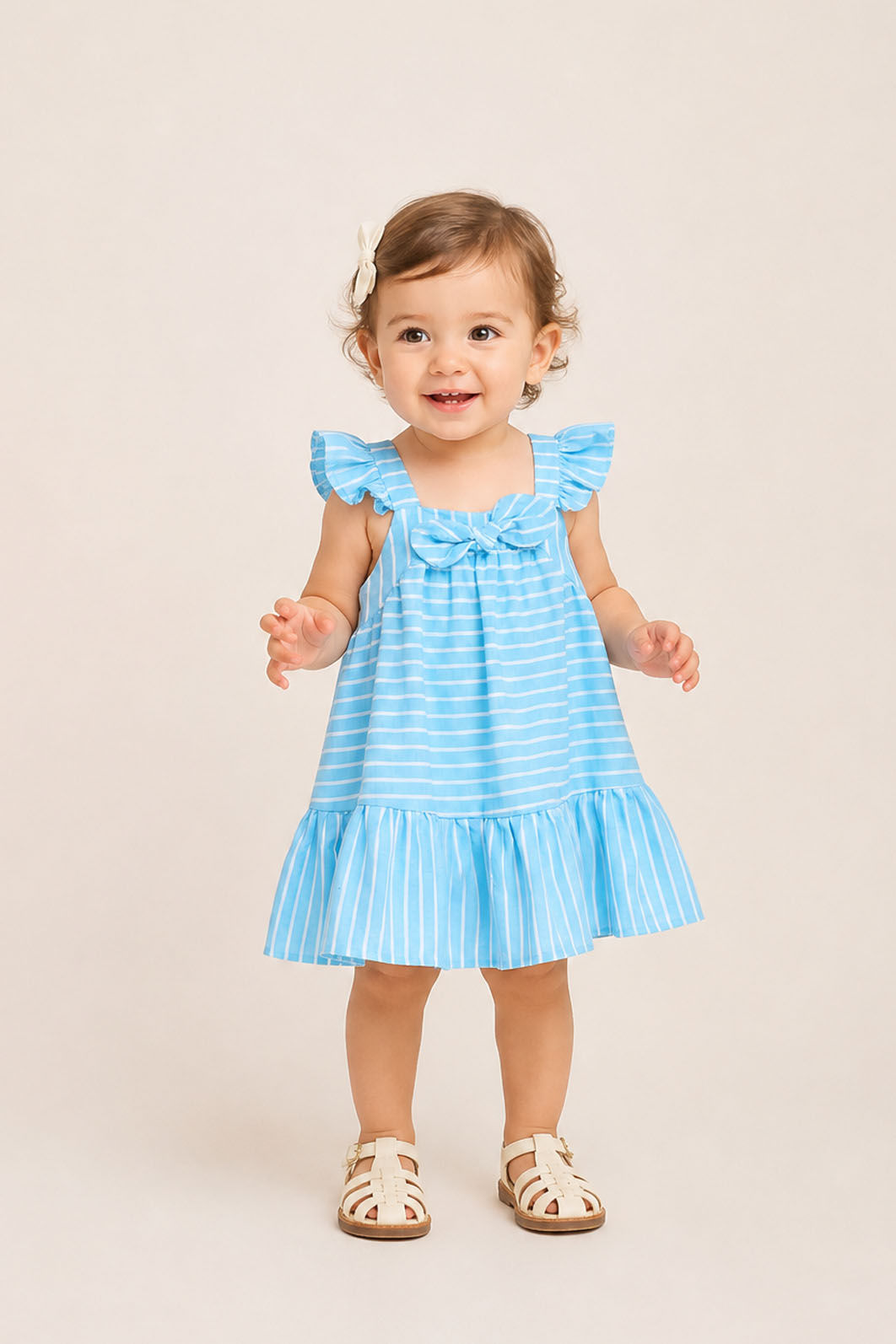 Vestido listrado com detalhe de laço frontal Vestido listrado com detalhe de laço frontal