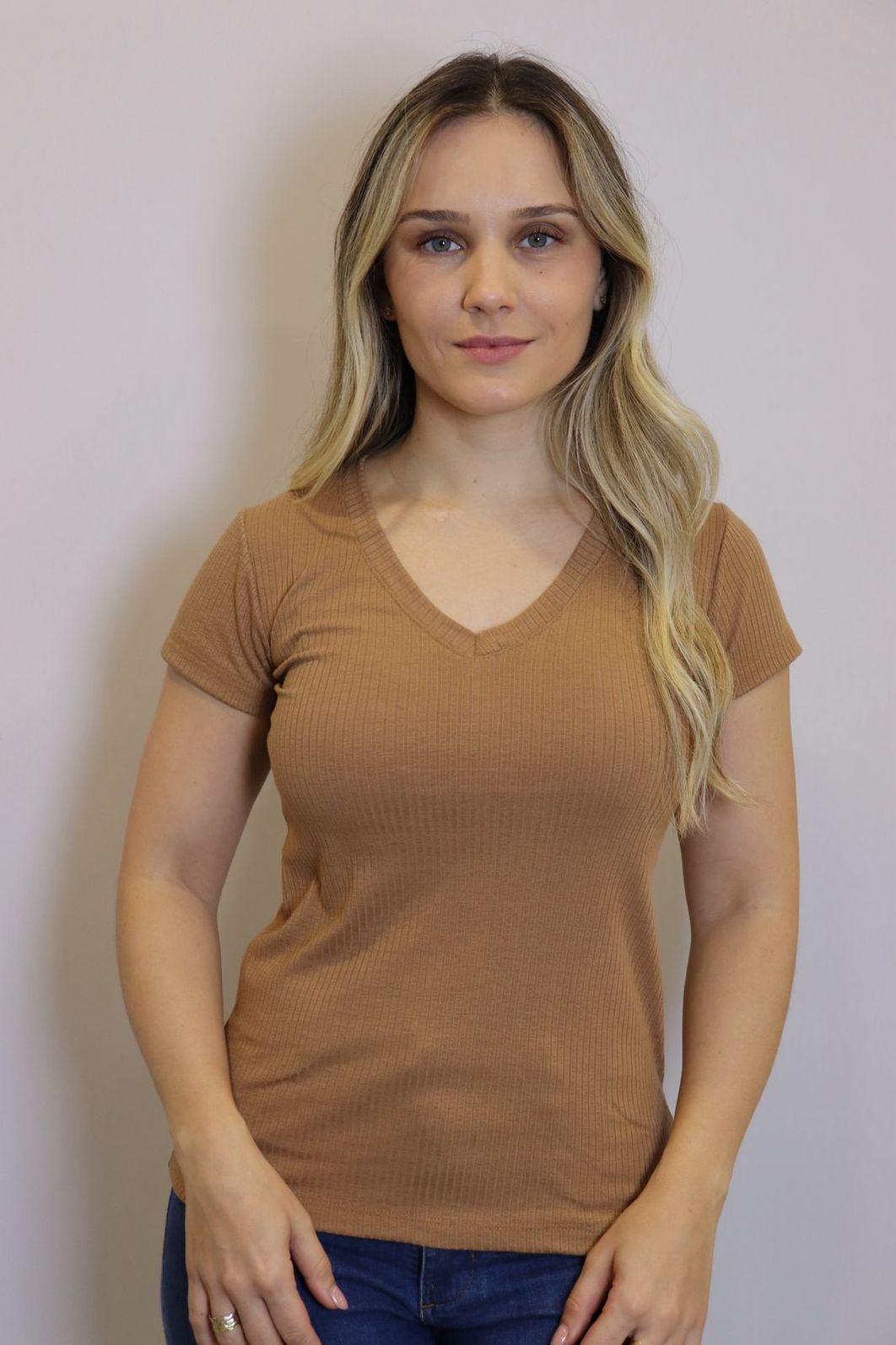 Blusa Lzt Ribana Gola V Feminina Cor Caramelo Blusa Lzt Ribana Gola V Feminina Cor Caramelo