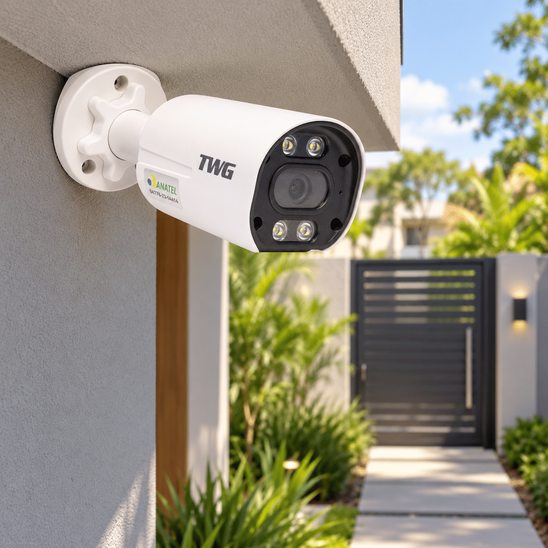 CAMERA BULLET IP WI-FI TWG TW-9520 DUAL LIGHT IP66 Câmera bullet IP Wi-Fi TWG TW-9520 instalada em beiral de entrada