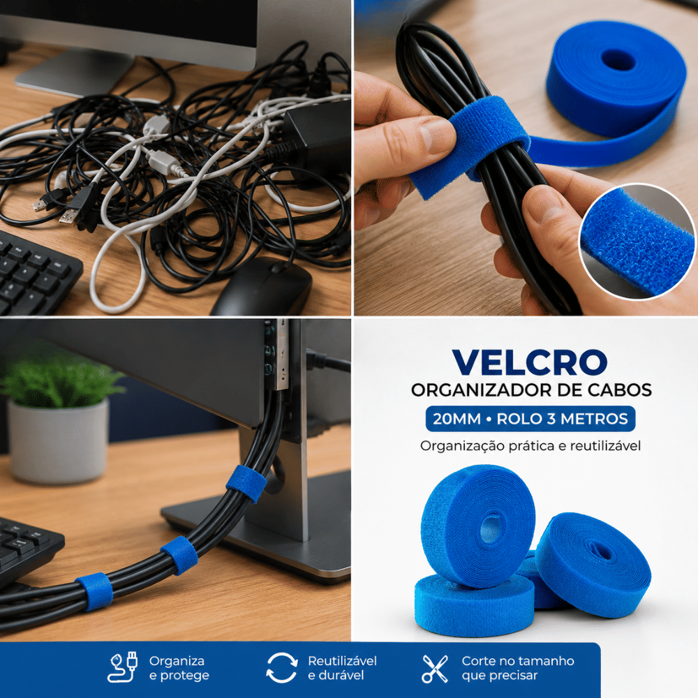 VELCRO ORGANIZADOR DE CABOS 20MM AZUL ROLO 3M - AD - 10141 - AD CONNECT