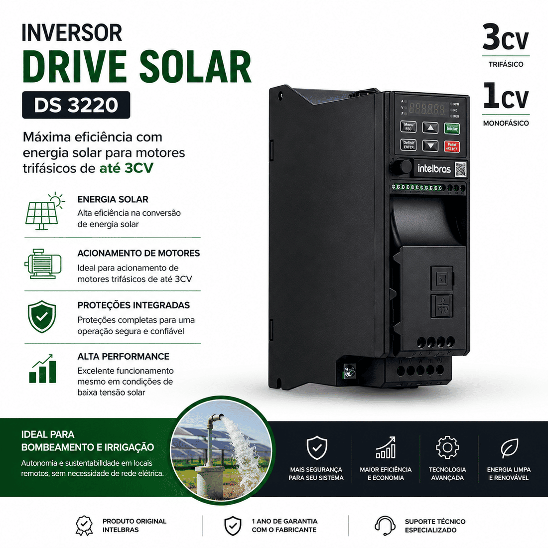 INVERSOR OFF GRID DRIVE SOLAR TRIFASICO 220V 3CV DS 3220