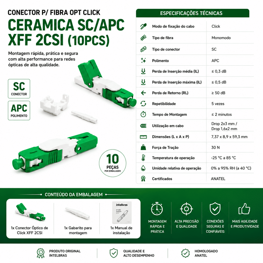 CONECTOR P/ FIBRA OPT CLICK CERAMICA SC/APC XFF 2CSI (10PCS)