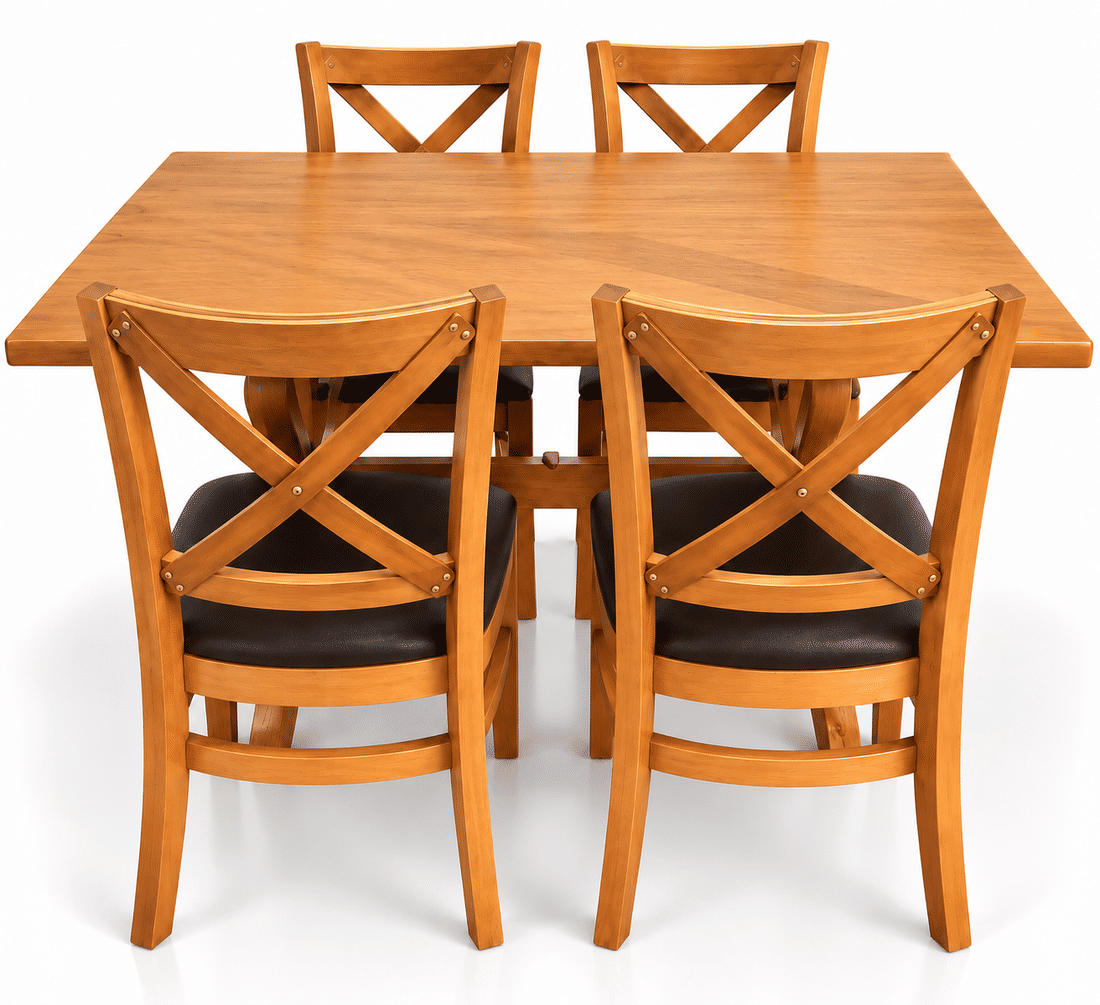 Conjunto Mesa X 120x80 Com 4 Cadeiras X Madeira Maciça com Estofado Conjunto Mesa X 120x80 Com 4 Cadeiras X Madeira Maciça com Estofado