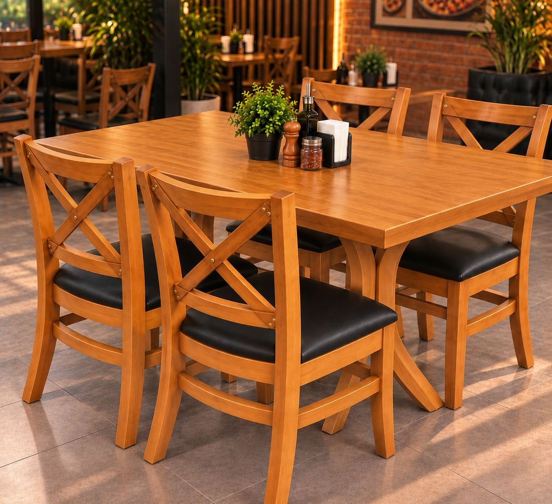Conjunto Mesa X 120x80 Com 4 Cadeiras X Madeira Maciça com Estofado Conjunto Mesa X 120x80 Com 4 Cadeiras X Madeira Maciça com Estofado