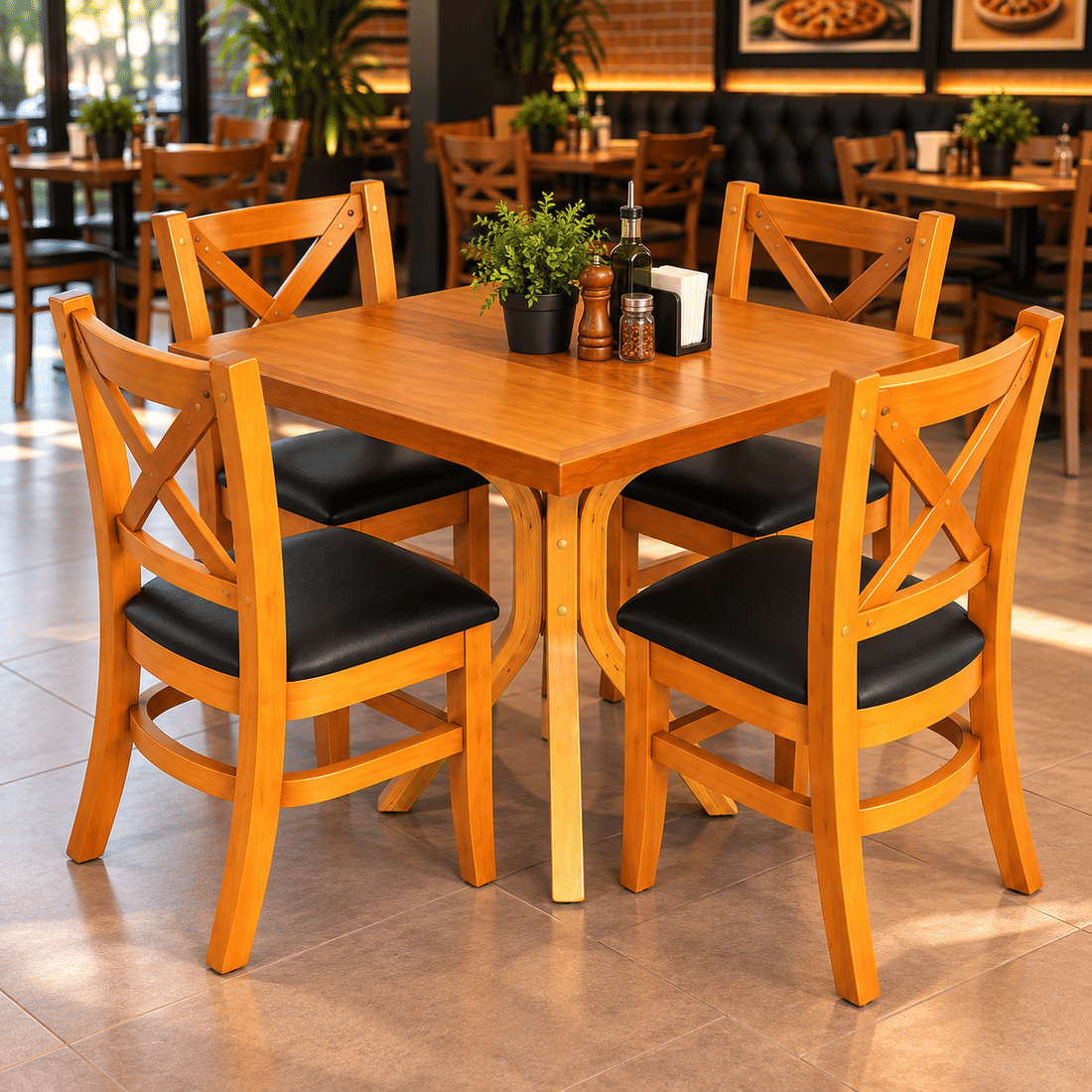 Conjunto Mesa X 80x80 Com 4 Cadeiras X Madeira Maciça com Estofado Conjunto Mesa X 80x80 Com 4 Cadeiras X Madeira Maciça com Estofado