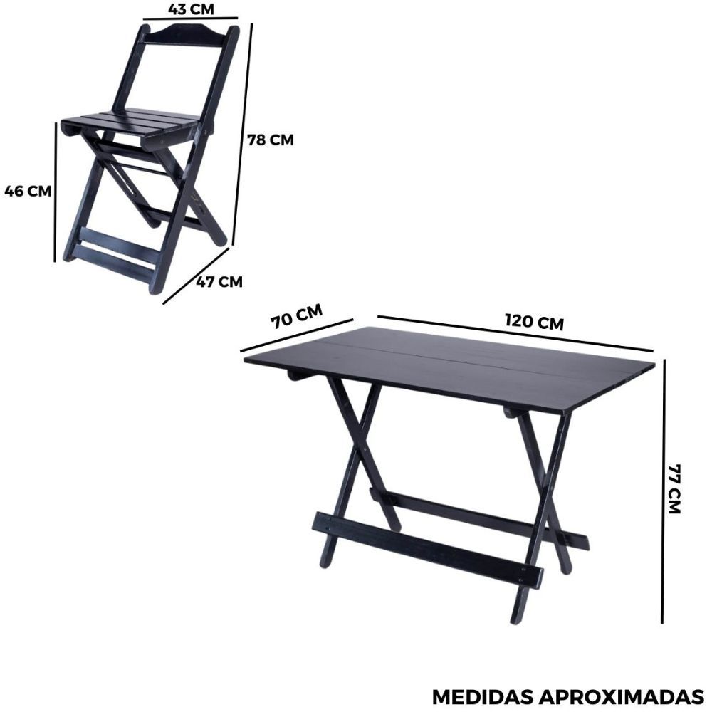 medidas conjunto dobravel 70x70 com 4 cadeiras preto