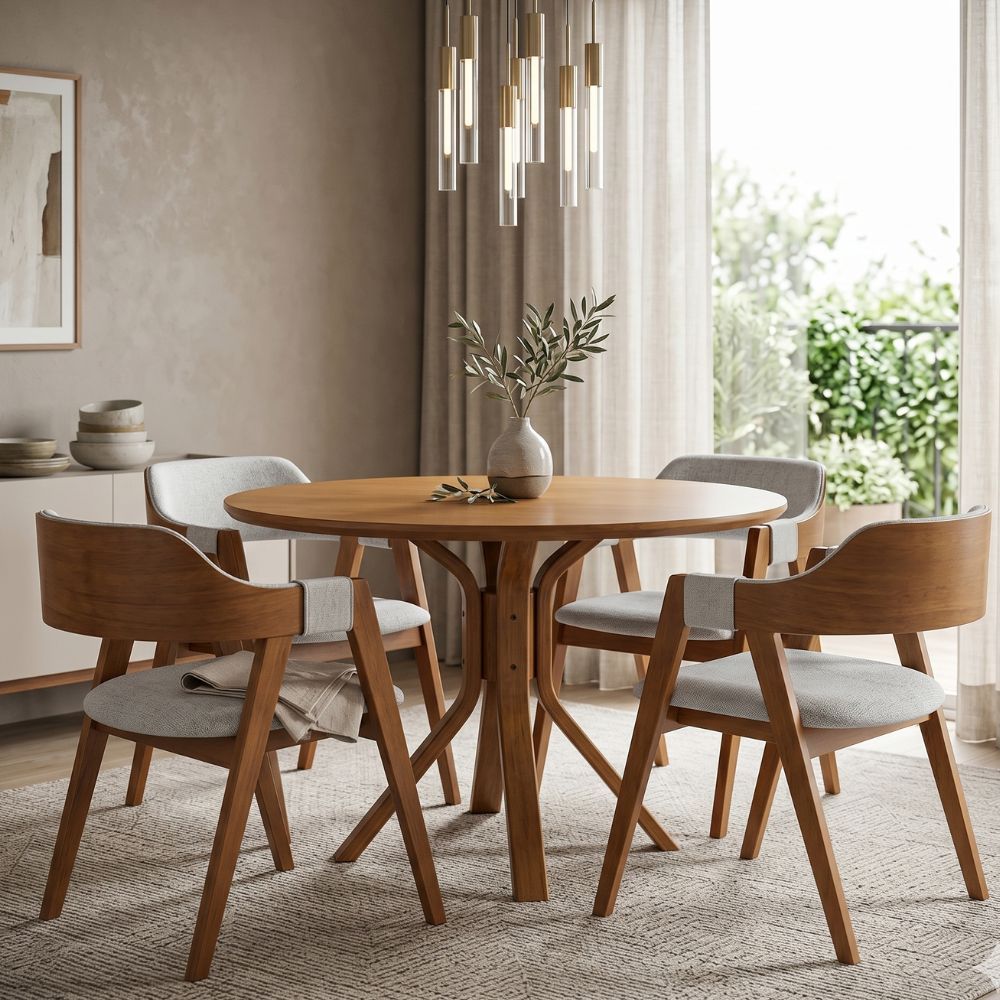 Conjunto Mesa X Redonda 120cm Com 4 Cadeiras de Madeira Maciça Encosto Anatômico Conjunto Mesa X Redonda 120cm Com 4 Cadeiras de Madeira Maciça Encosto Anatômico