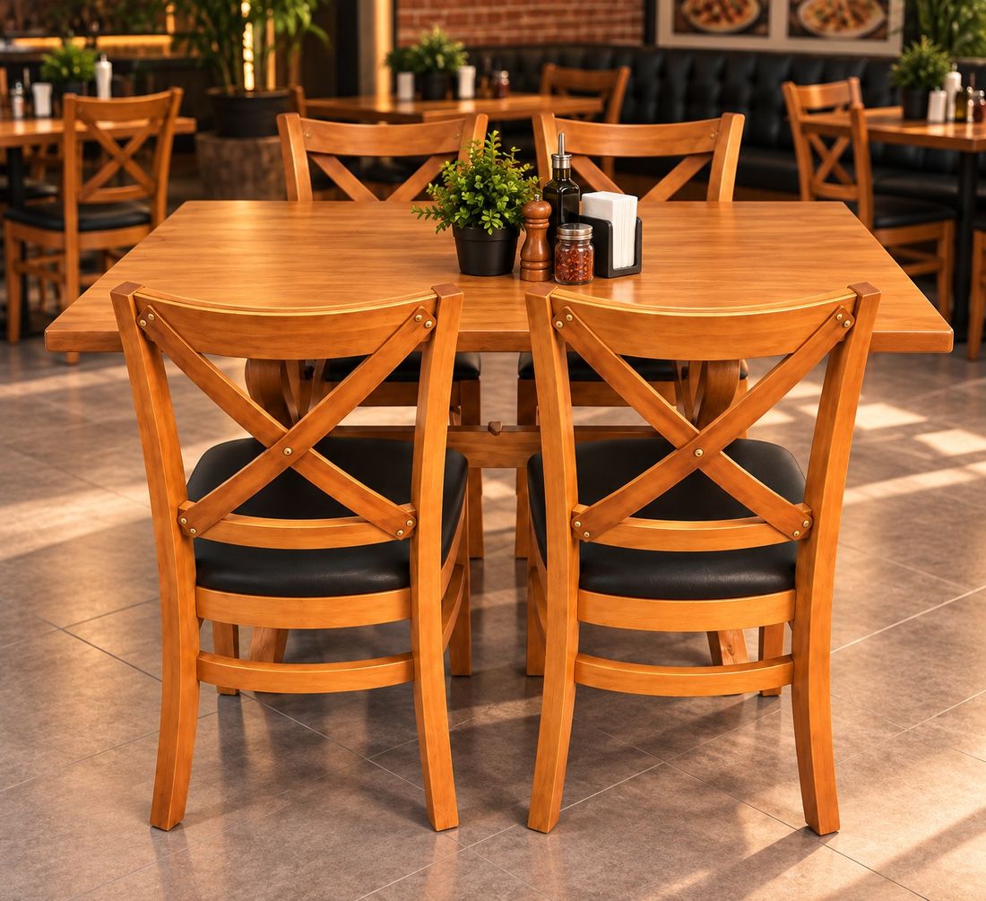 Conjunto Mesa X 120x80 Com 4 Cadeiras X Madeira Maciça com Estofado Conjunto Mesa X 120x80 Com 4 Cadeiras X Madeira Maciça com Estofado
