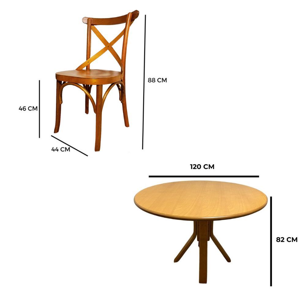 Conjunto Mesa Redonda X 120cm Com 4 Cadeiras X Madeira Maciça Mel Conjunto Mesa Redonda X 120cm Com 4 Cadeiras X Madeira Maciça Mel