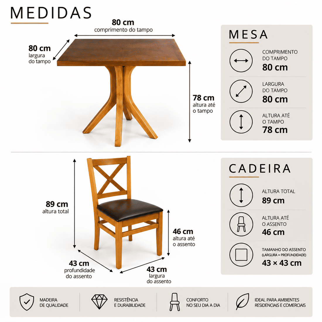 Conjunto Mesa X 80x80 Com 4 Cadeiras X Madeira Maciça com Estofado Conjunto Mesa X 80x80 Com 4 Cadeiras X Madeira Maciça com Estofado