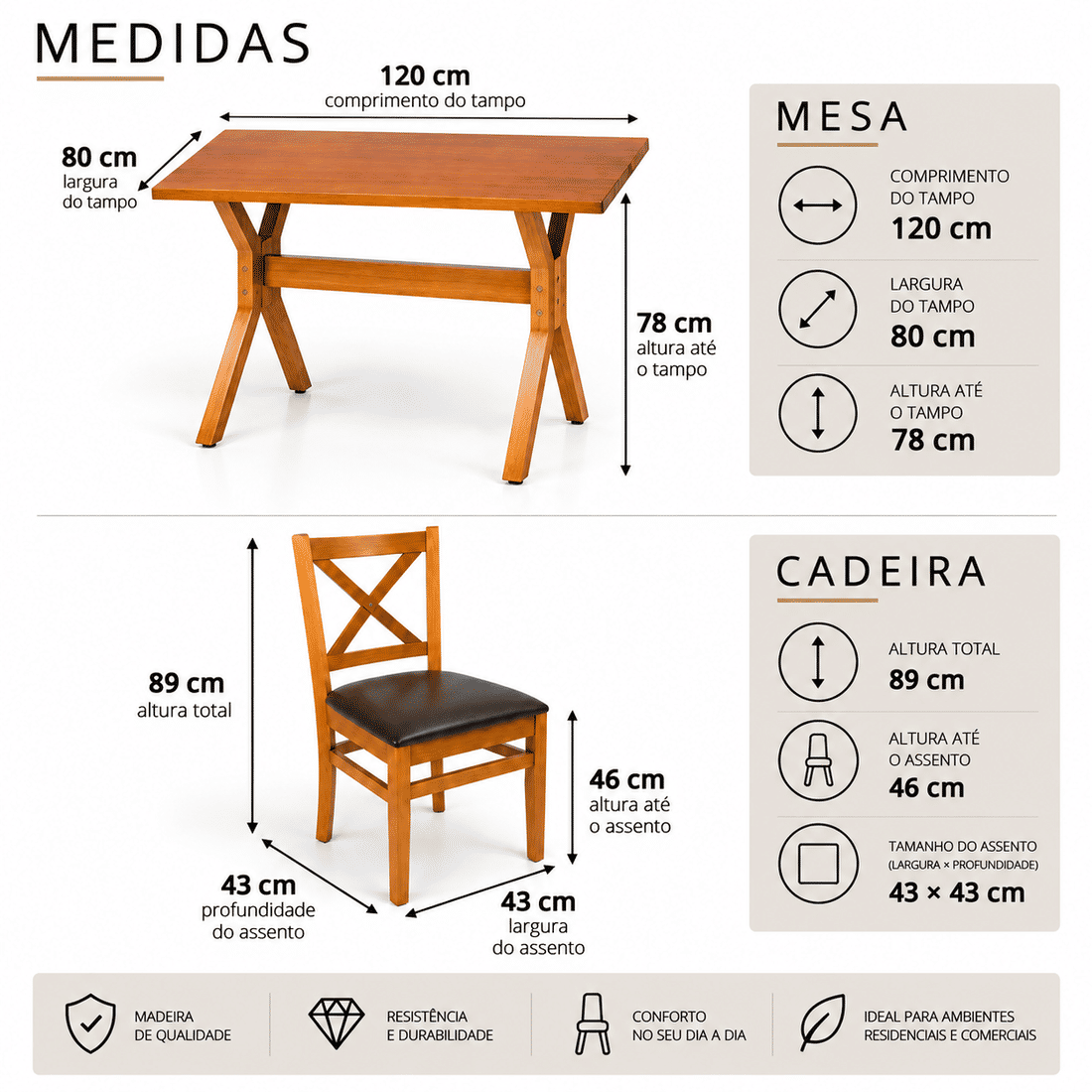Conjunto Mesa X 120x80 Com 4 Cadeiras X Madeira Maciça com Estofado Conjunto Mesa X 120x80 Com 4 Cadeiras X Madeira Maciça com Estofado
