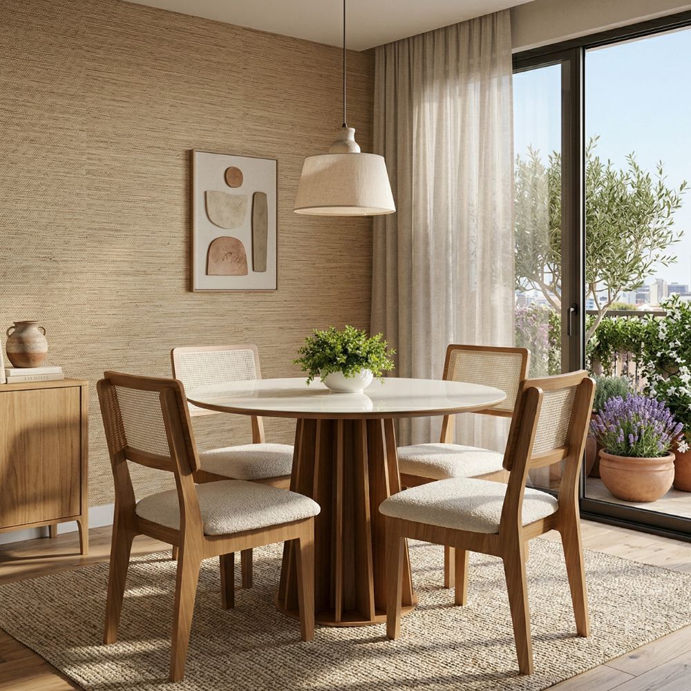 Conjunto Mesa Redonda Ripada 105cm Com 4 Cadeiras de Telinha Conjunto Mesa Redonda Ripada 105cm Com 4 Cadeiras de Telinha