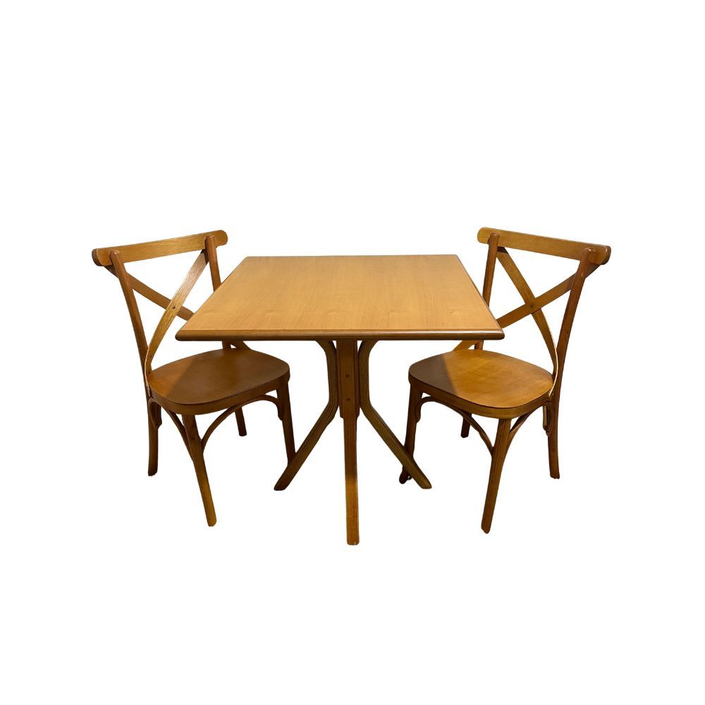 Conjunto Mesa X 80x80 Com 2 Cadeiras X Madeira Maciça Mel Conjunto Mesa X 80x80 Com 2 Cadeiras X Madeira Maciça Mel