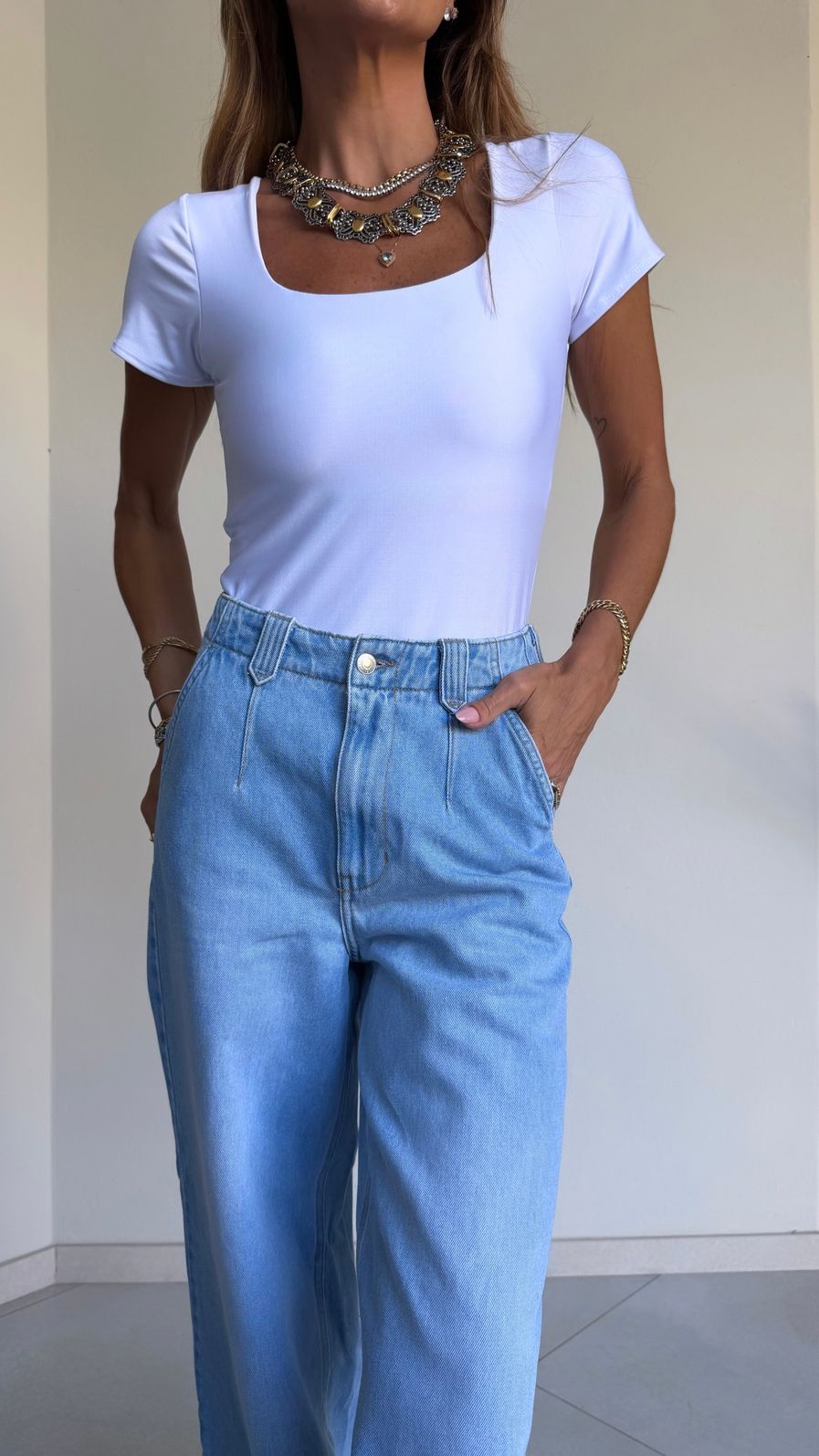 Body c/ Manga Decote Quadrado em Suplex Premium cor Off/White