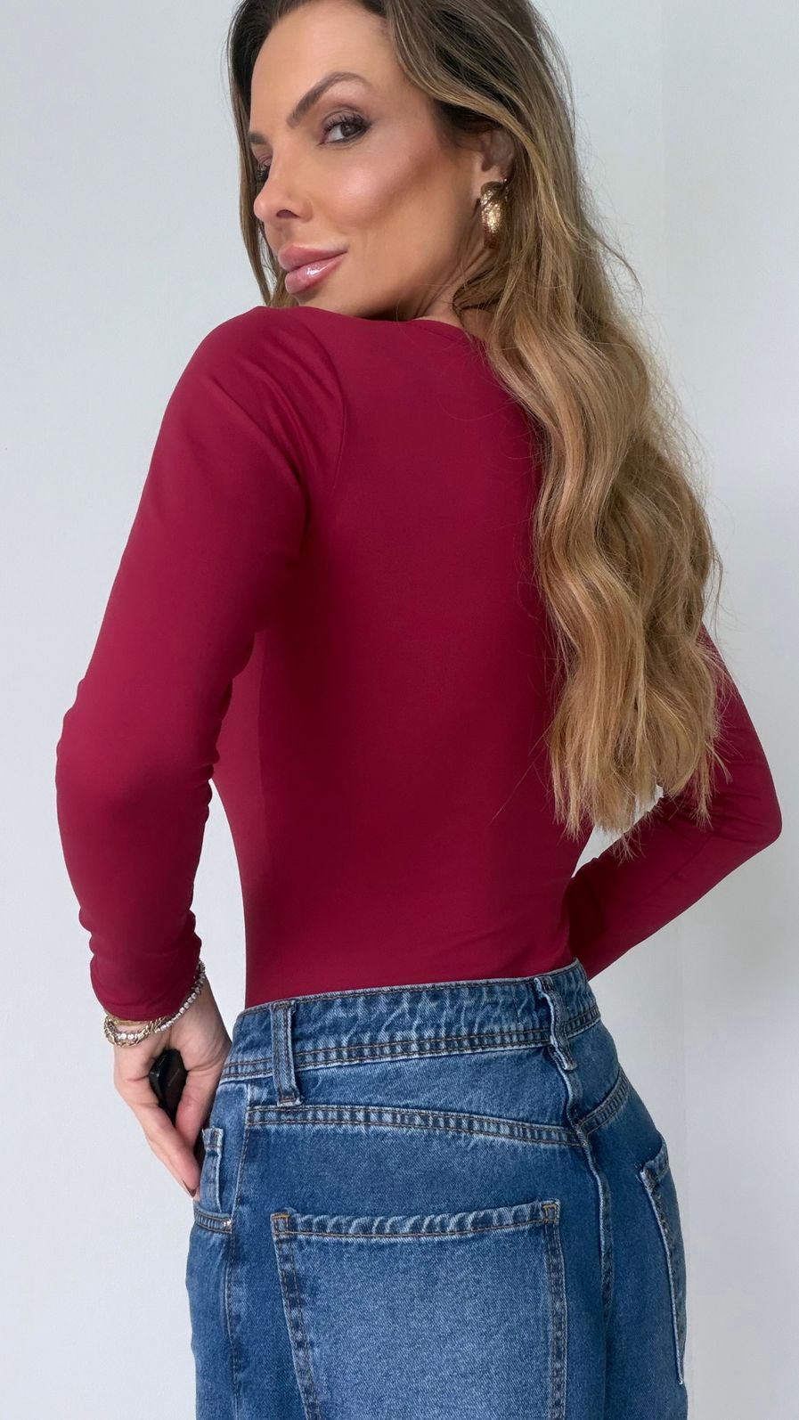 Body Poliamida Premium ML Decote Quadrado cor Vinho