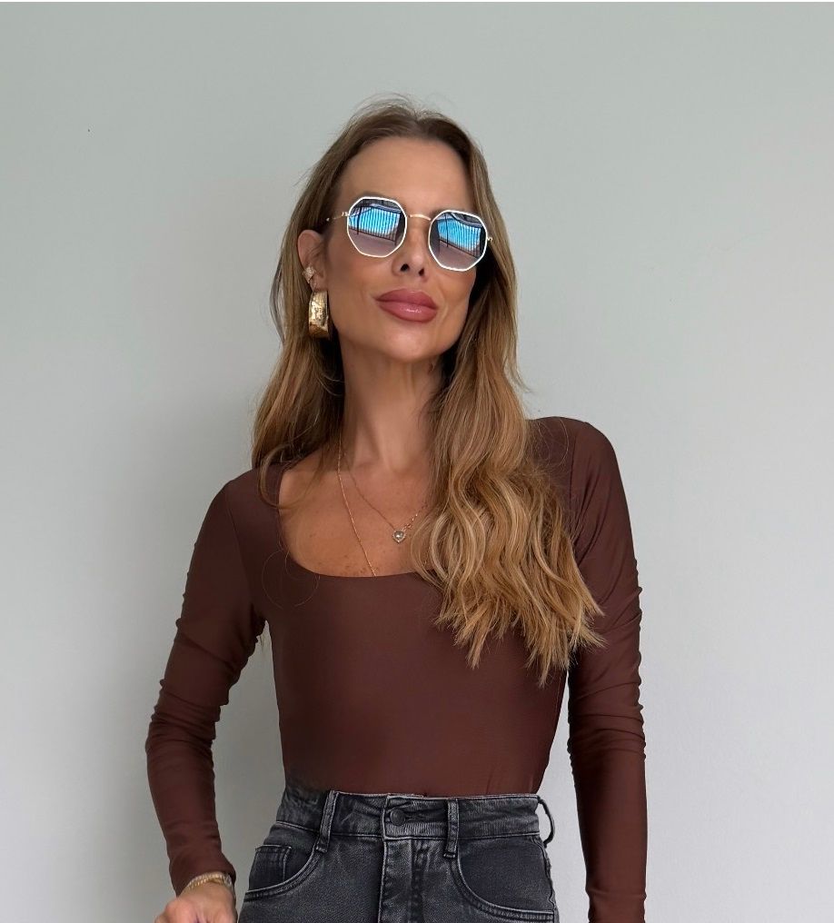 Body Manga Longa Decote Quadrado Suplex Premium cor Marrom Body Manga Longa Decote Quadrado Suplex Premium cor Marrom