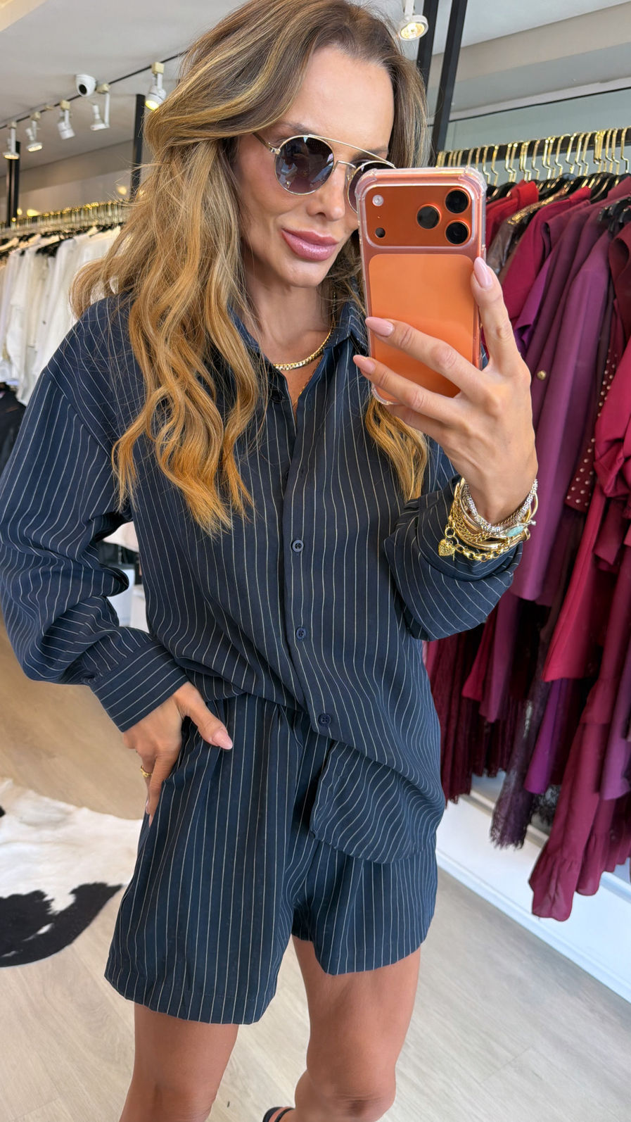 Conjunto em Suede Listrado cor Petro Marinho