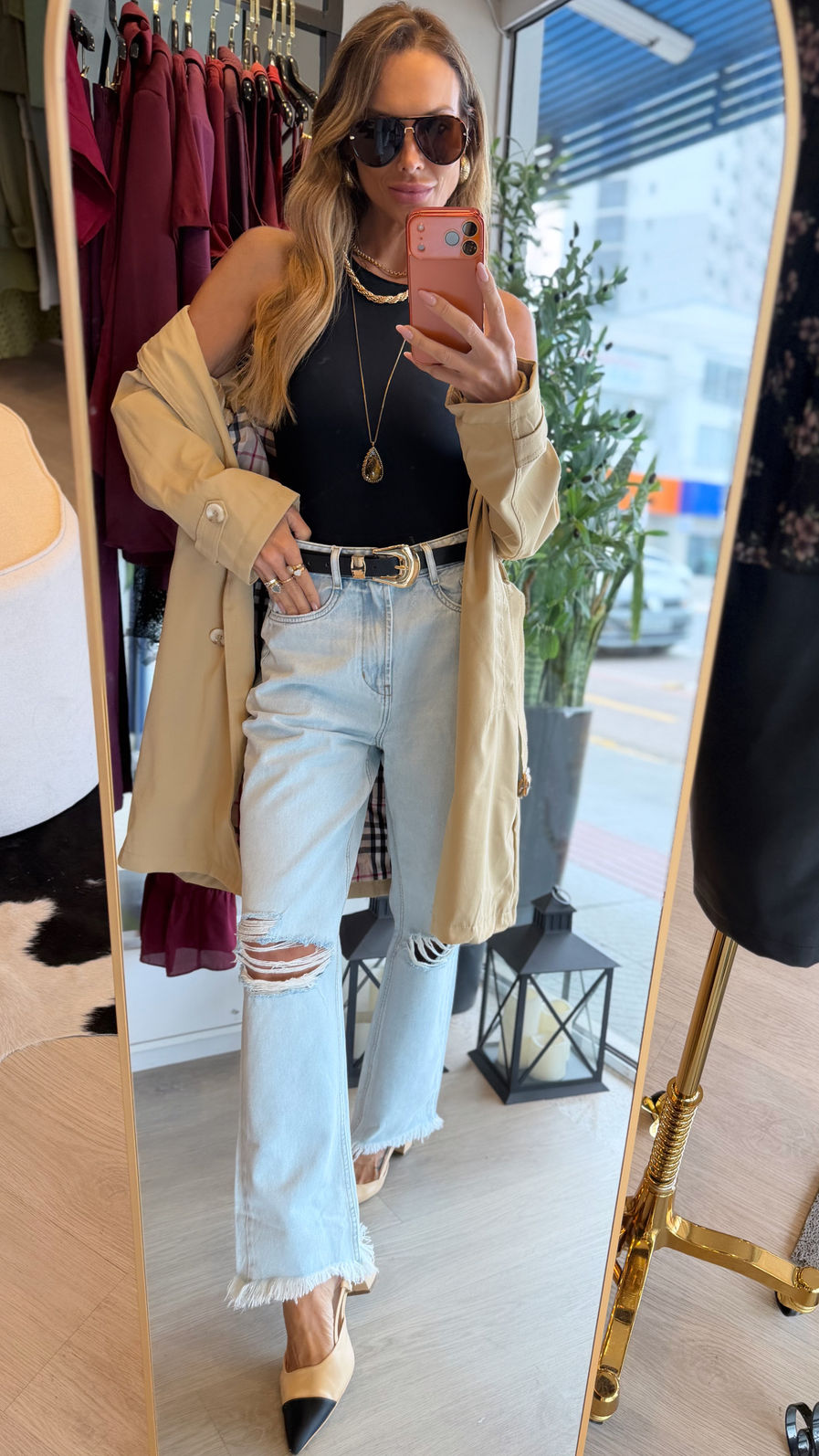 Trench Coat Clássico Longo cor Nude Inspirado no Estilo Burberry