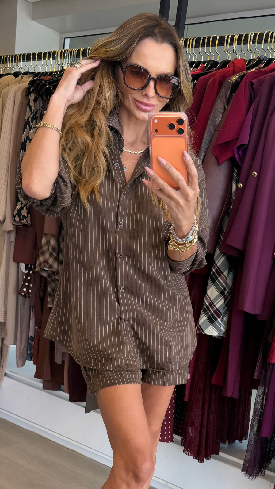 Conjunto em Suede Listrado cor Café