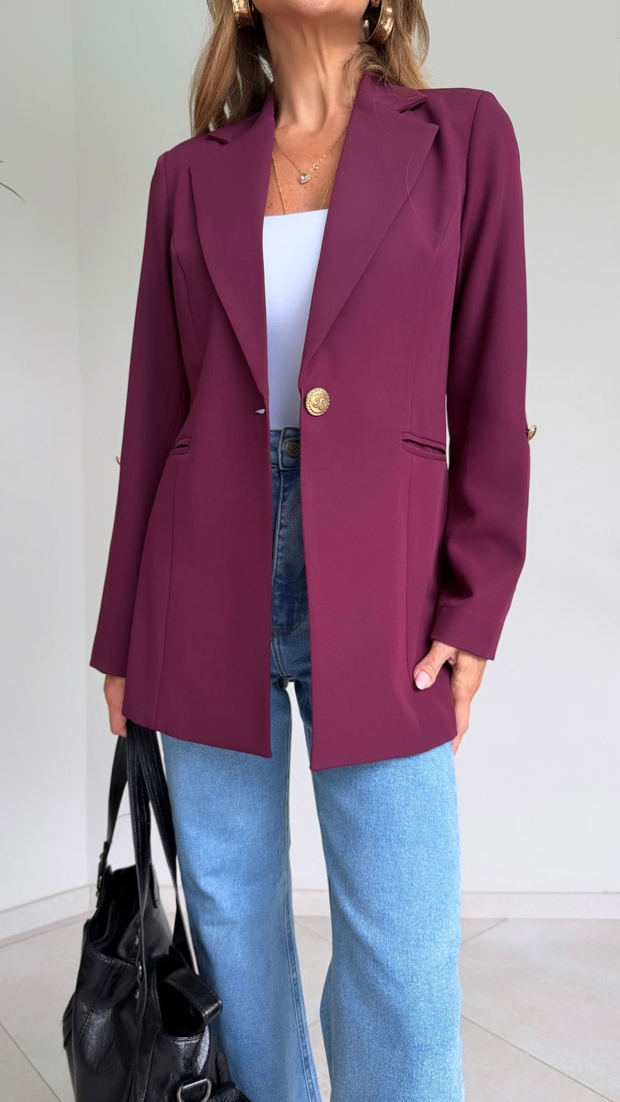 Blazer Longo Drama Signature Alfaiataria Premium com Martingale 1 botão cor Burgundy