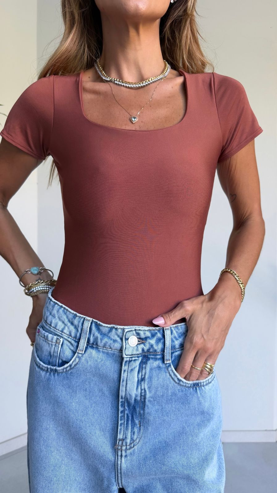 Body c/ Manga Decote Quadrado em Suplex Premium cor Marrom