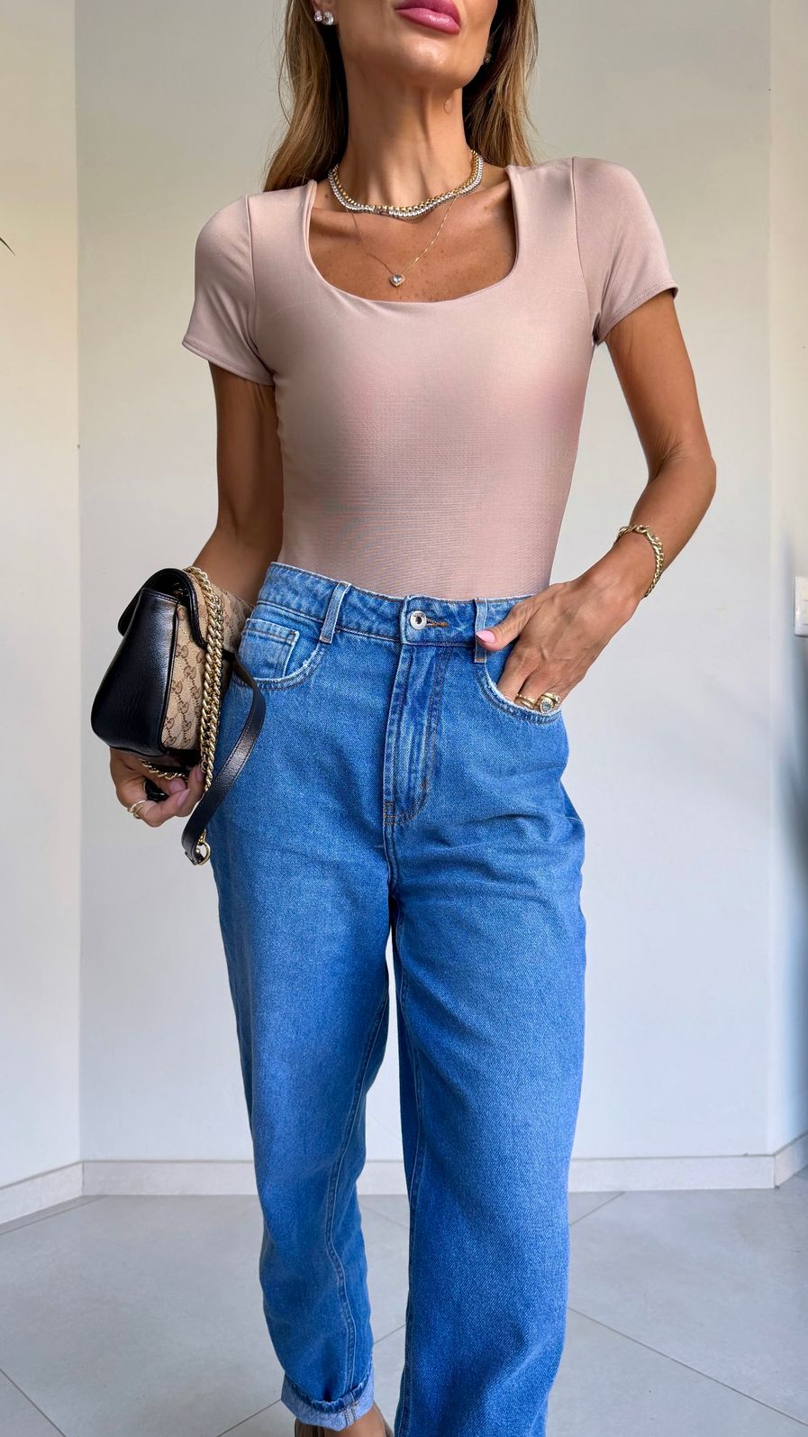 Body c/ Manga Decote Quadrado em Suplex Premium cor Nude Body c/ Manga Decote Quadrado em Suplex Premium cor Nude