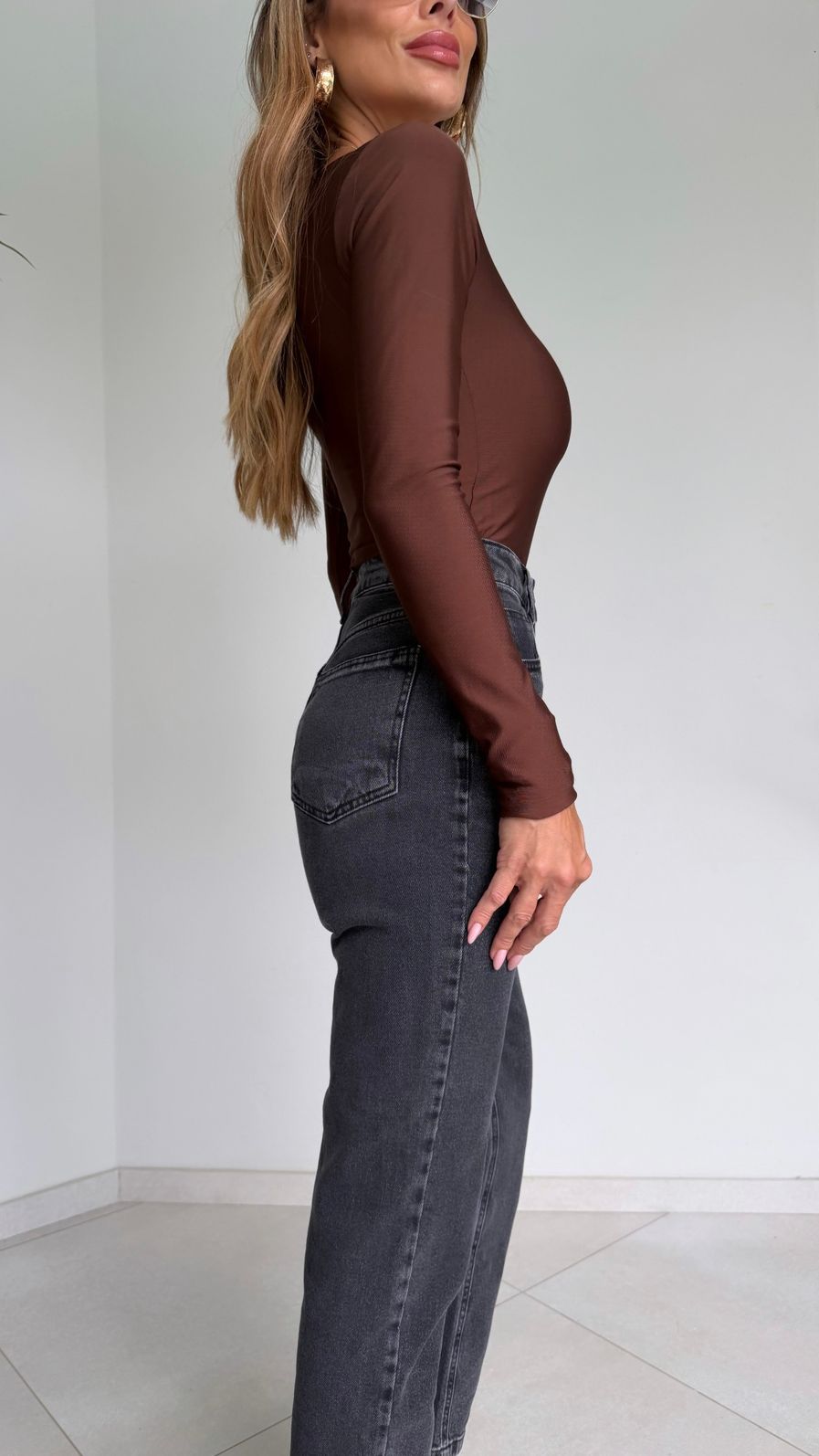 Body Manga Longa Decote Quadrado Suplex Premium cor Marrom Body Manga Longa Decote Quadrado Suplex Premium cor Marrom