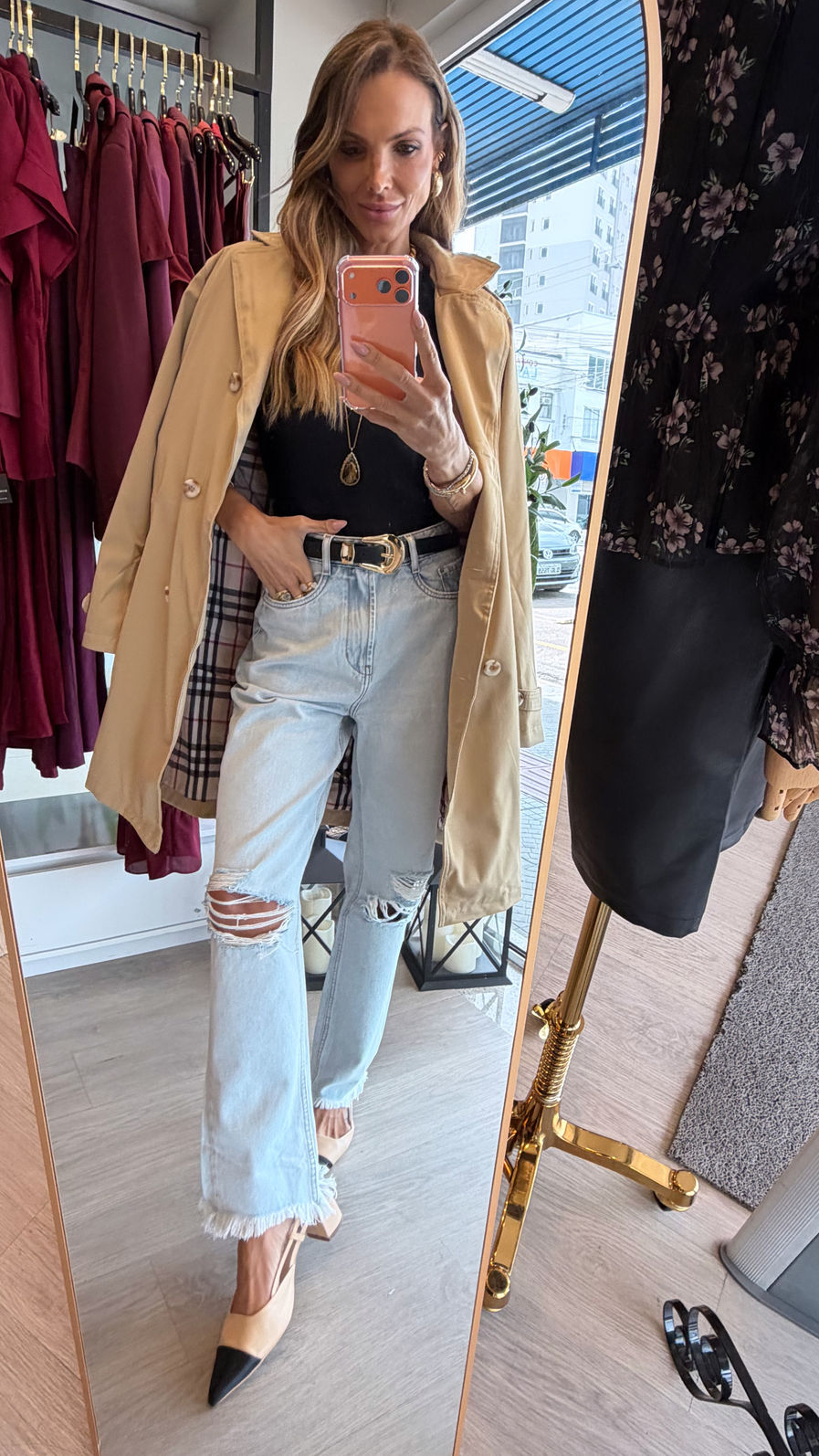 Trench Coat Clássico Longo cor Nude Inspirado no Estilo Burberry