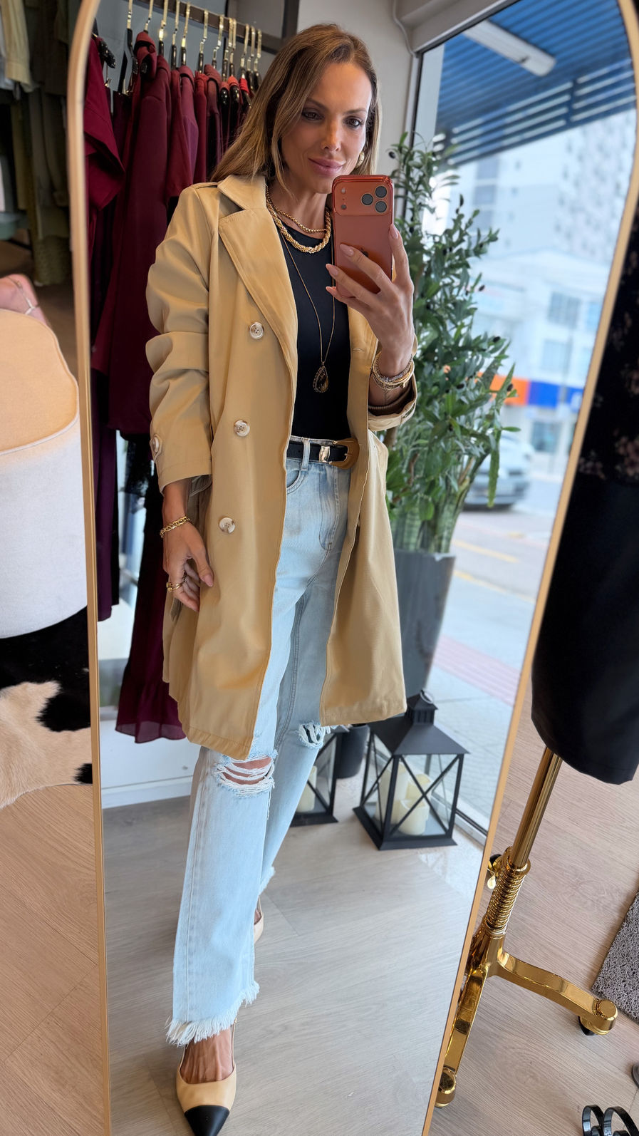 Trench Coat Clássico Longo cor Nude Inspirado no Estilo Burberry