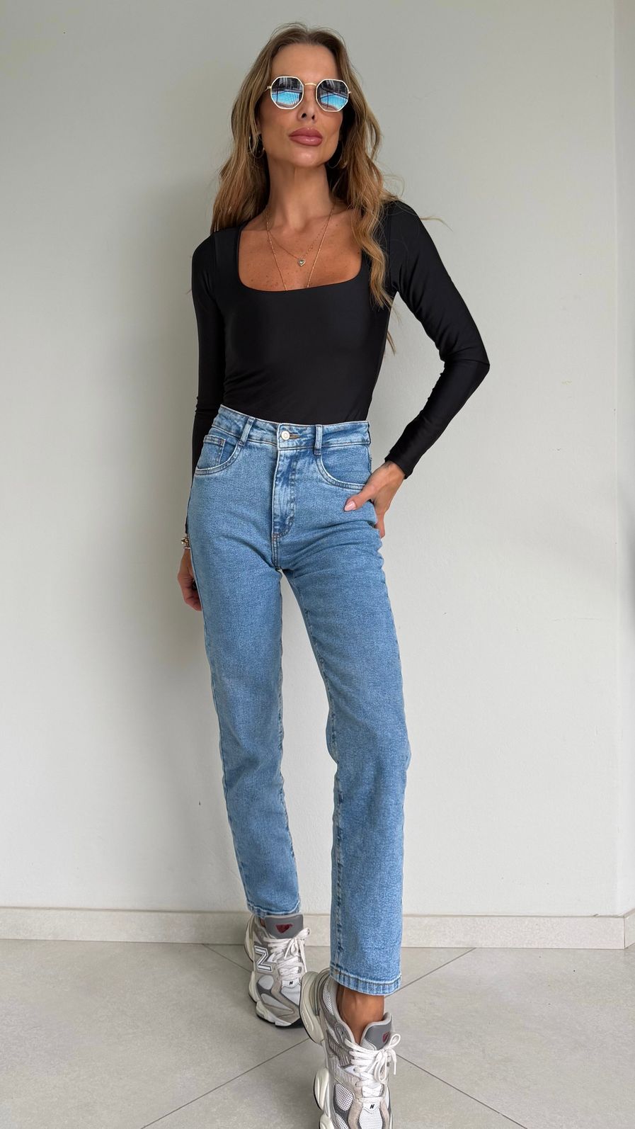 Body Manga Longa Decote Quadrado Suplex Premium cor Preta