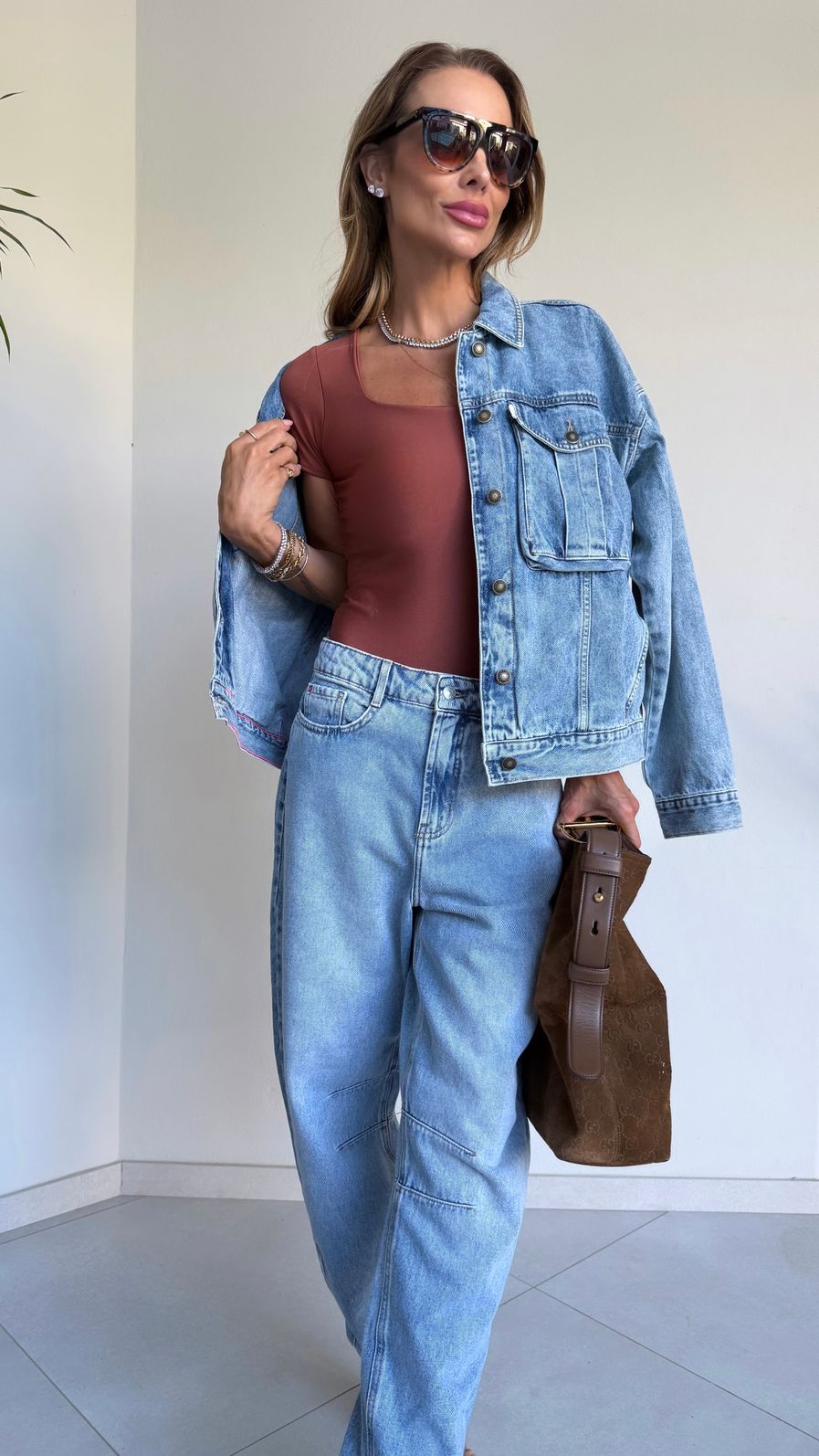 Body c/ Manga Decote Quadrado em Suplex Premium cor Marrom