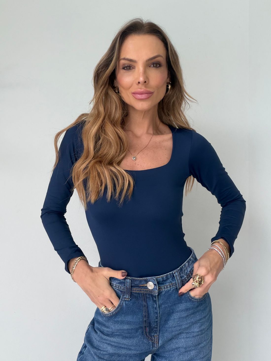 Body Poliamida Premium ML Decote Quadrado cor Marinho