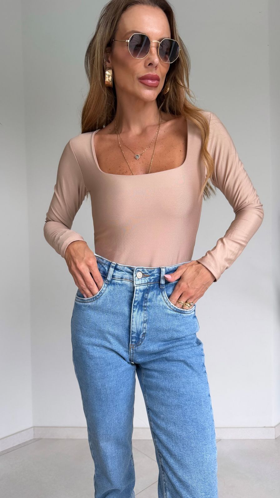 Body Manga Longa Decote Quadrado Suplex Premium cor Nude Body Manga Longa Decote Quadrado Suplex Premium cor Nude